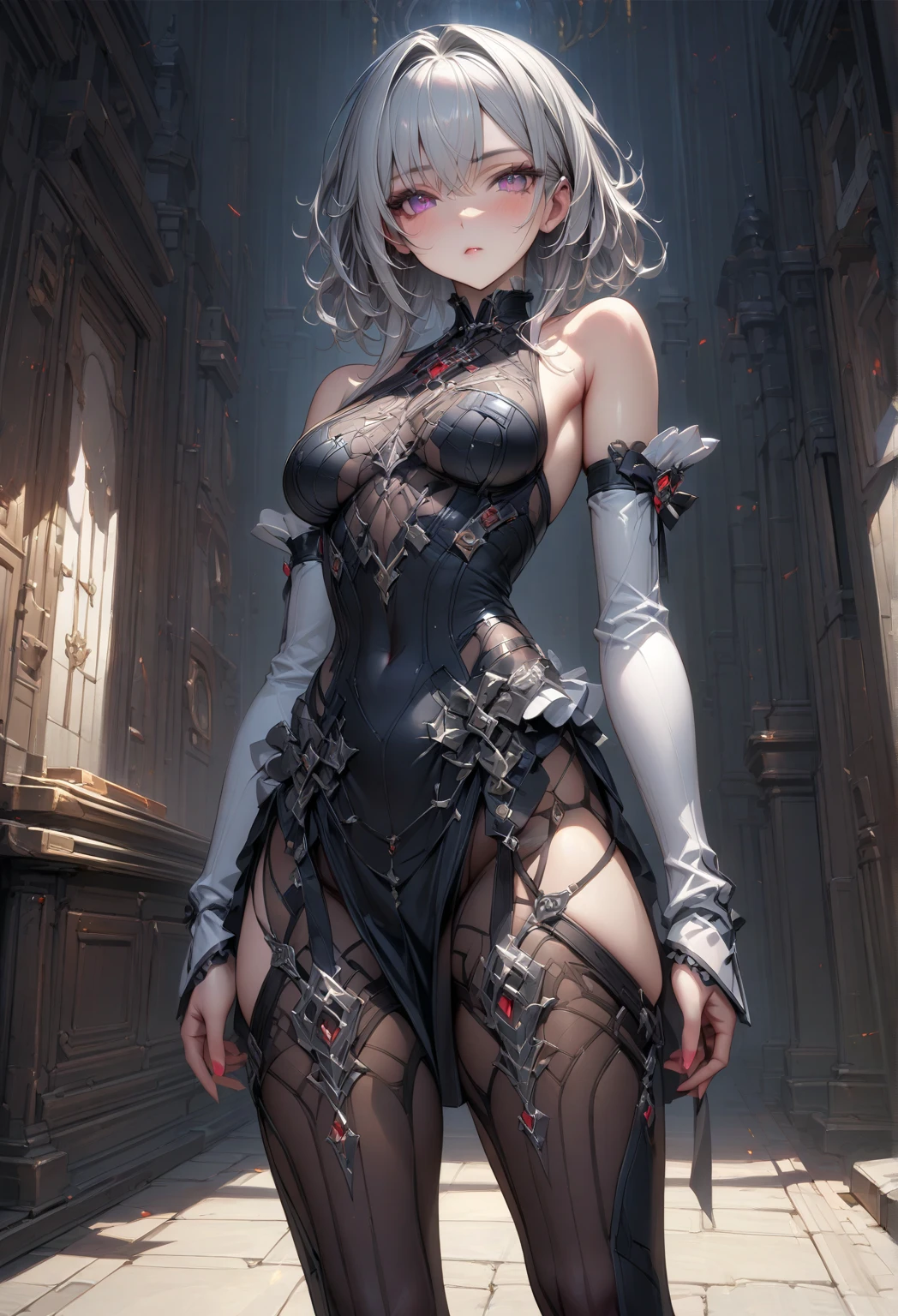 full body, white hair, ((Dragoon:1.2)) ,blunt bang,, masterpiece,best quality,official art,extremely detailed CG unity 8k wallpaper,1girl, ultra high res, (photorealistic:1.4), golden hour lighting, sweater dress,(upper body), (aegyo sal:1), (platinum short hair:0.8), ((puffy eyes)), looking at viewer, facing front, smiling, laughing,medium breasts, shirtlift, gloves,short hair,
