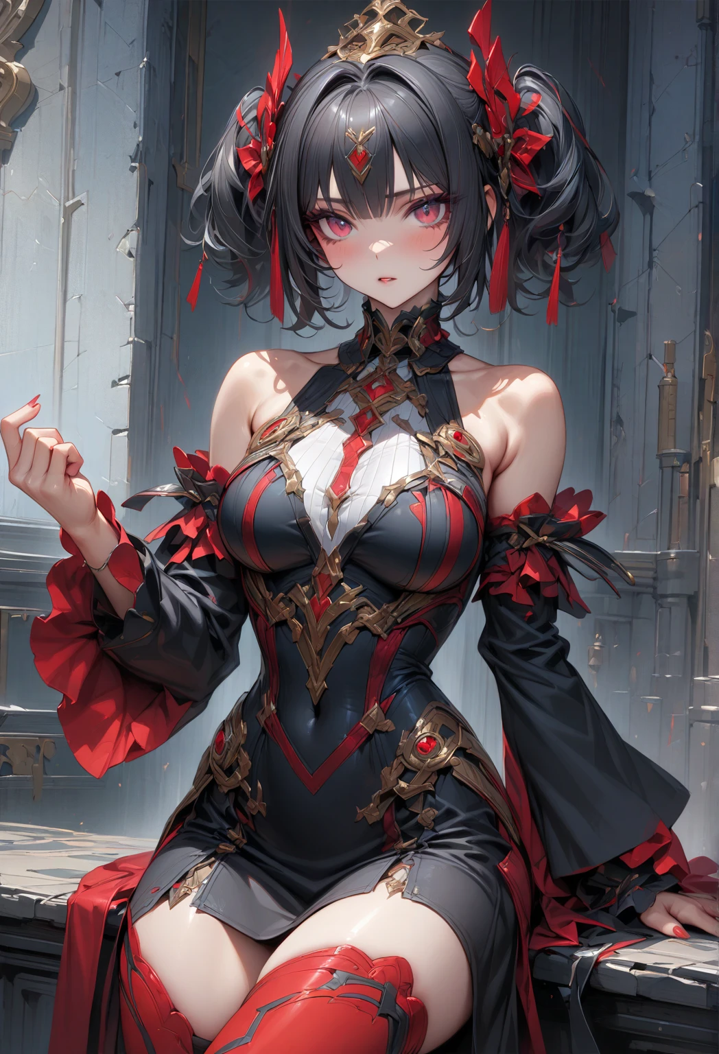 corpo feminino completo sentado no trono, empress Edelgard, full decorative greem and ouro armor, jewelry armor, jeweled ouroen crown with ram horns, shorts curto blindada, (((cabelo multicolorido, [cabelo vermelho carmesim ])))), ultra realista 8k cg, rosto perfeito, perfeito, olhos dourados brilhantes, limpar, obra de arte, Arte profissional, arte famosa, cinematic lighting, rosto perfeito , rosto bonito, Olhos lindos, (((corpo feminino perfeito, cintura estreita, peito largo, ombros largos, Slim Muscles, toned muscles))), Linda Rainha, real, (real palace), Fantasia, sonhe como, irreal, sci-fi, (seios pequenos, seios pequenos, peito achatado), delicate joia , red and ouro armor, cabelo absurdamente longo, cabelo muito comprido, (rico: 1.4), prestige, Luxo, joia, diamante, ouro, Pearl, gem, safira, rubi, esmeralda, detalhe intrincado, delicate pattern, sensual, encantador, atraente, atraente, erotic, encantador, hair ornament, colar, brincos, pulseira, pulseira, olhando para o espectador, Unbeatable obra de arte, ultra realista 8k cg, arte perfeita, super detailed rendering, obra de arte, alta qualidade, high resolution, Maniac for details, High definition, alta qualidade, rosto detalhado, membros detalhados do corpo, corar, meias brancas, , seios bem detalhados, lindo corpo feminino, corpo todo, peito musculoso, cintura fina, Abdominais tonificados, muscle quadriceps, dorsal muscle, bright ouroen eyes, messias