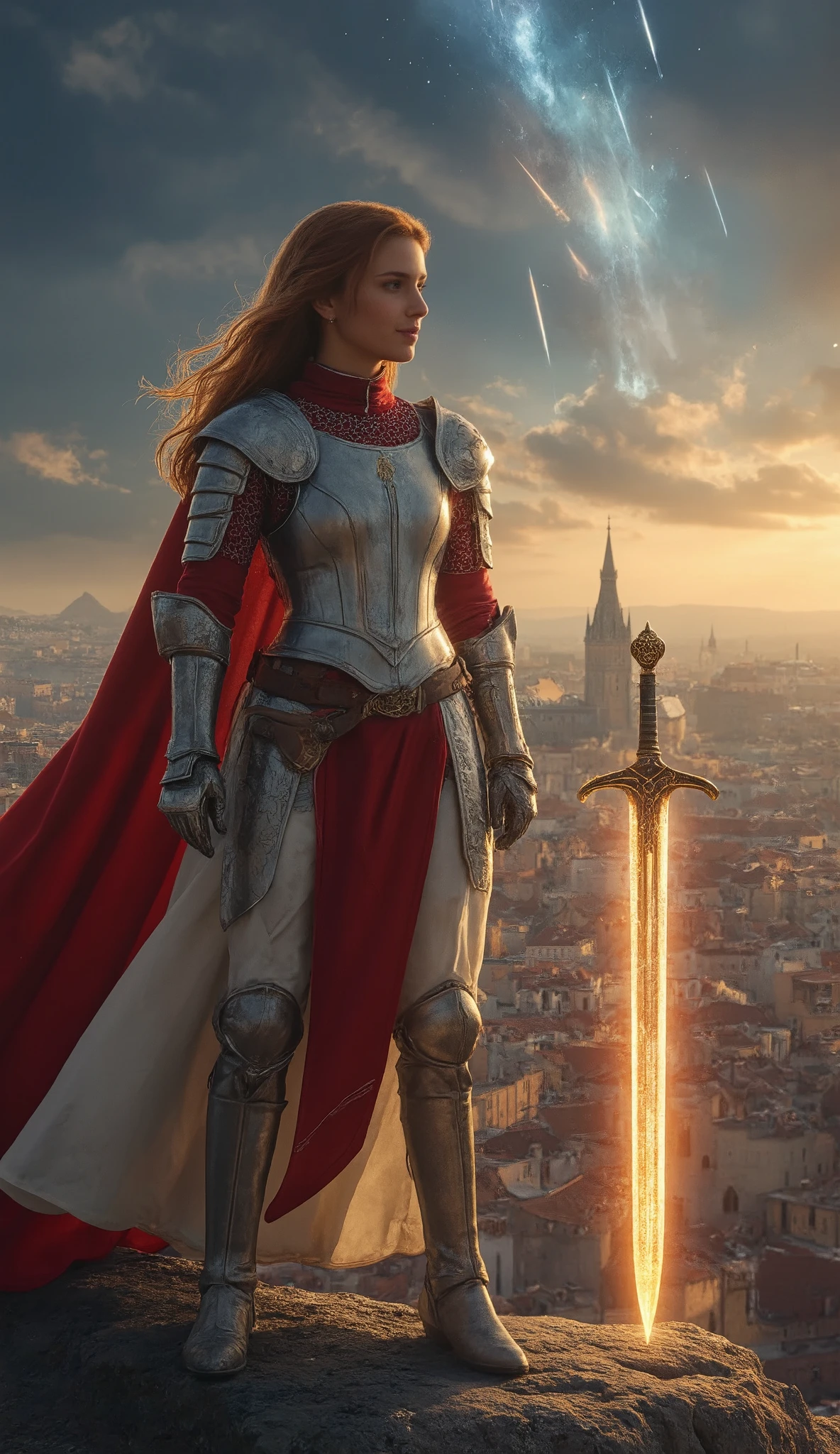 (Representative works、4K resolution、Super Real、very detailed)、(『Knight of the Constellation』theme、Charisma、Position overlooking medieval European cityscapes、Girl at the top of a city、Sagittarius knight in white armor and red costume in position overlooking medieval European cityscapes、She's a Superhuman Hero)、(20 years old)、(Long Chestnut Hair:1.2)、full body、(Knight Costume)、(battle pose)、Shoot Her Powers)、Legendary sword in the right hand ((European Urban Environment:0.8)|(cityscape、 night view、 DYNAMIC LIGHT )、(Meteor Shower