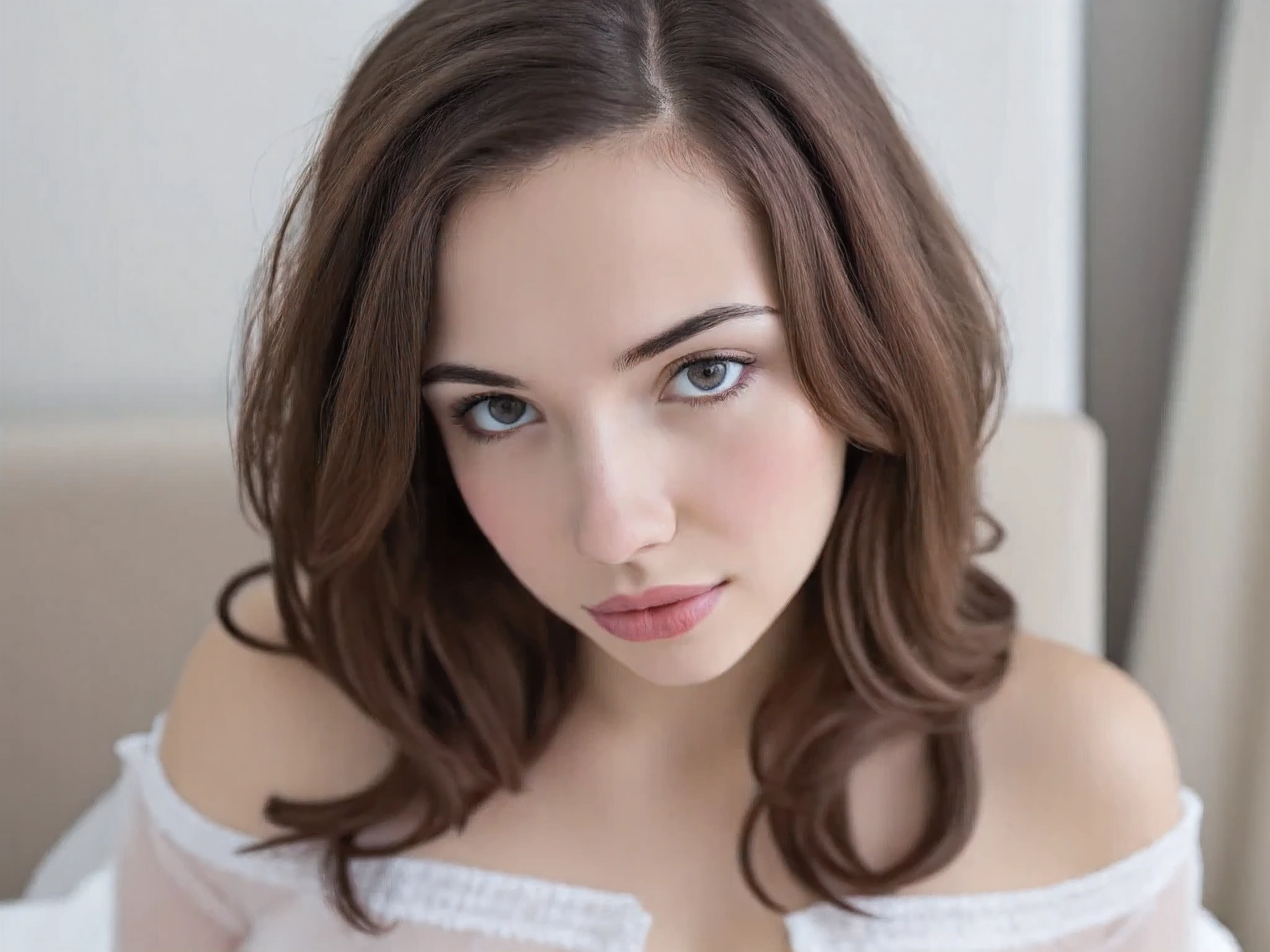 real, Long hair brunette, reddish lips