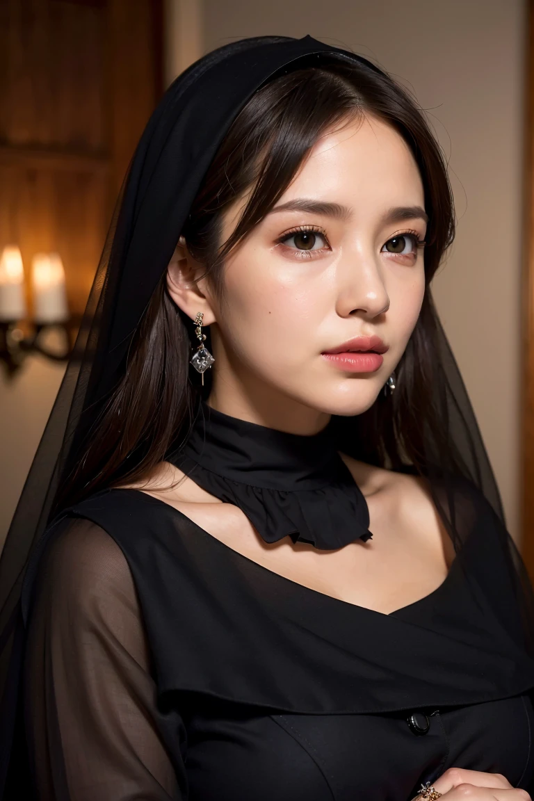 top-quality,Beautiful detailed nun,Bewitching face,Chinese models,long lashes,Wearing a long black lace dress,Hide your mouth with a lace cloth,Detailed details,Colossal tits,With cleavage,stares at the camera、palatial palace