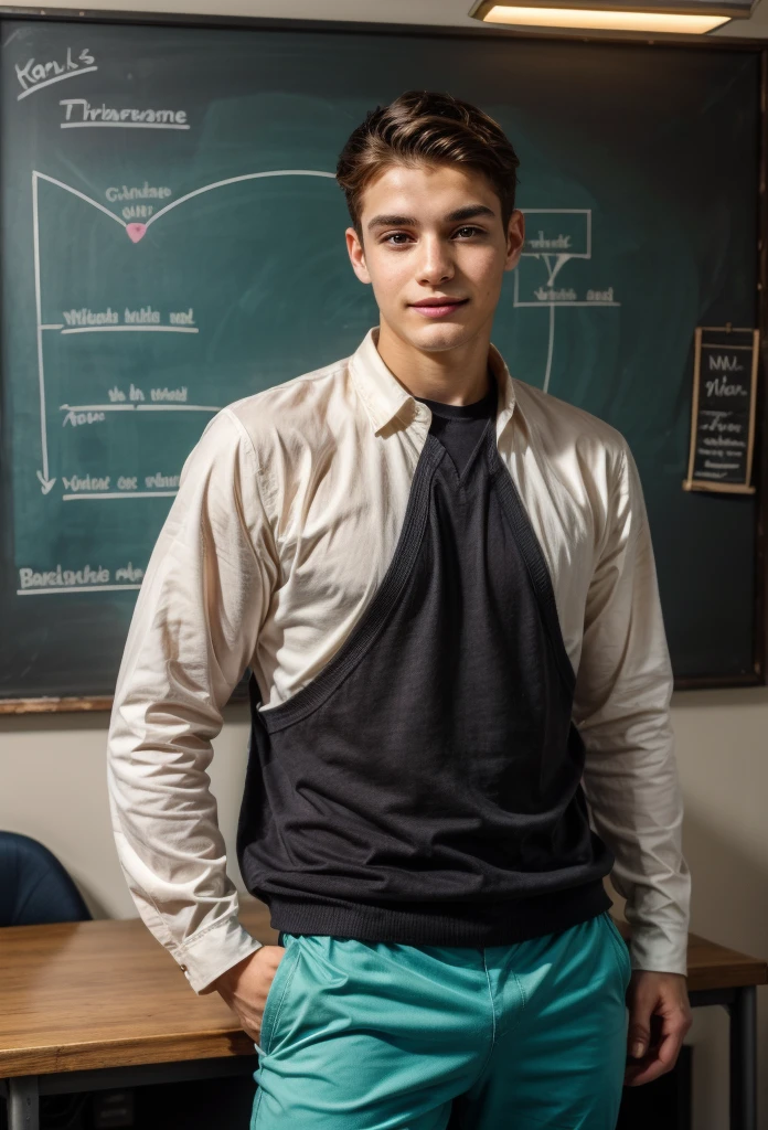A young male twink with a face with red makeup and black hair, wearing a long-sleeved pink shirt and aquamarine pants with drawstrings. He is in his office, and behind him is a blackboard with written mathematical equations for calculus and mathematics, and he looks on proudly.
