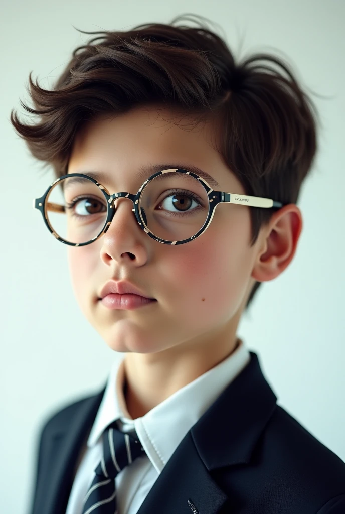 A twelve year old boy, muy hermoso, piel blanca, rasgos finos, light brown eyes, light brown hair, ojos rasgados, mirada seria, mirada triste, vestido muy formal, en la sala de estar, gafas discretas.