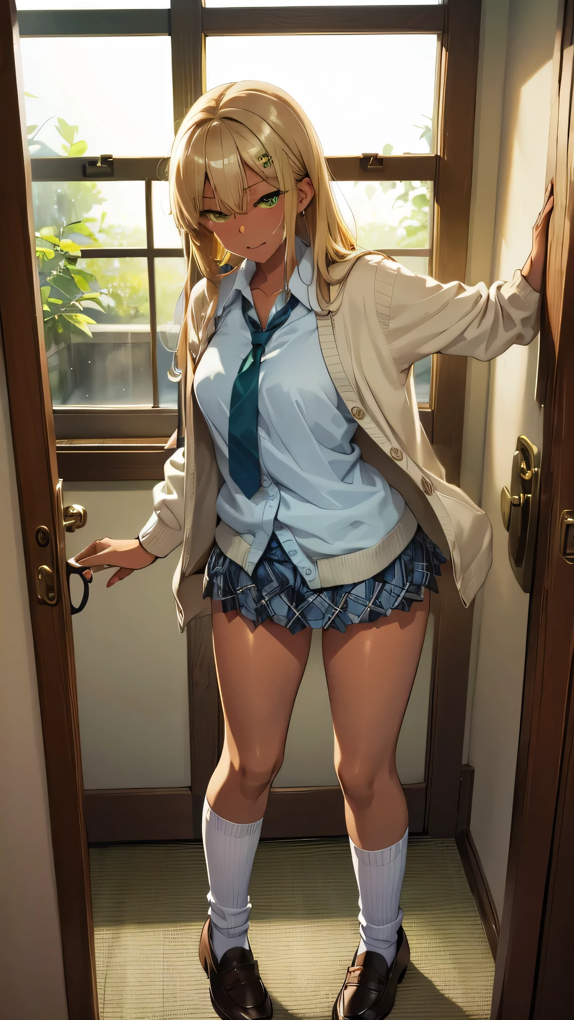 (beautiful young Japanese woman), nsfw, detailed background, (((solo))), (( excellent anatomy: 1.2)), (blonde, long hair), big , ( dark skin on the tip of the mouth:1.5), (green eyes), (beautiful eyes), ((( Short-sleeved White Shirt , beige cardigan, Blue short tie, plaid mini skirt, loose socks, loafers))), ( green:1.4), is standing, earrings, door, doorway, indoors, lean forward, opening door, beautiful thighs,