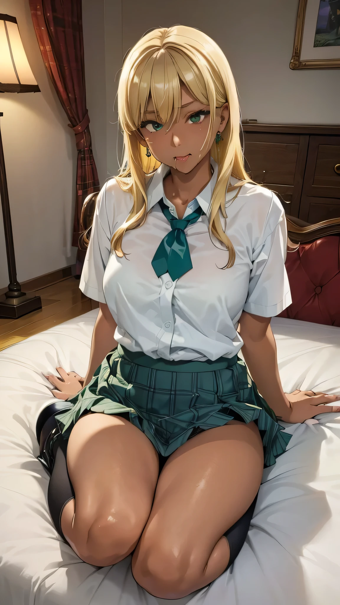 Photorealism、highest quality、超A high resolution、Browsing Caution、A, wearing a uniform, is sitting on the bed、Low angle shot:1.5、She opened her legs wide:1.5、膝を曲げてSpread your legs座ります、((Showing panties:1.5))、A sexy look for the camera、((blonde:1.4))、((pink silk panties))、((Panties close up:1.5))、((Pink collared shirt、Tartan Check Pleated Skirt、Knee socks))、A cute and beautiful face down to the last detail、(PurerosFace_v1:0.008)、Brown eyes、eyeliner、blush、Embarrassing、Glare、 Glossy lips: 1.4,  impatience、was scary、Glare、Panty Appeal、Panties close up:1.3、blush、is crying、cry、Open your knees、Spread your legs、Disheveled clothes、dressing、Medium Long Hair,In the bedroom、Anatomically Accurate human body、Perfect Arms、Perfect hands、Perfect Fingers、Perfect Legs、Accurate human body、((Shooting from the side:1.3))