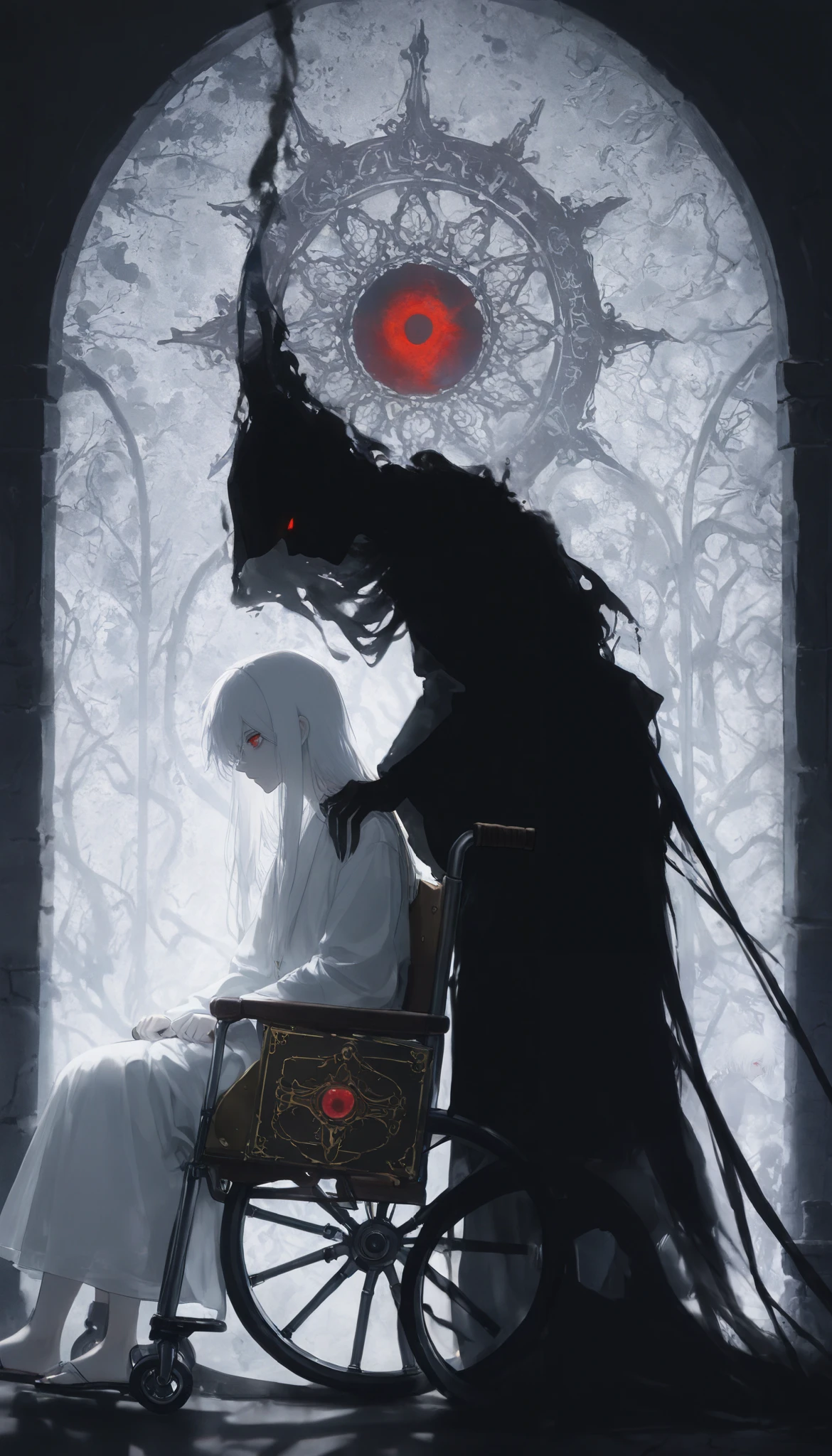 Close up portrait of an albino boy in a wheelchair,a golden magic book floating and shining before his eyes,white hair,beautiful and perfect face,natural beauty,red eyes,dead shadow behind,clutching the chair and close to his shoulder,black shadow of death behind,dark shadow on the back,smoky shadow,terrifying shadow looking at the book with a terrifying expression,runed background ,back of a crypt,Ritual altar,masterpiece background,la mejor calidad,newer,absurdres,highres,(from side:1.2)