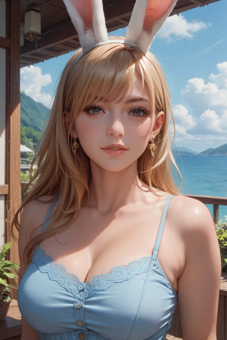 masutepiece, Best Quality, High quality, High Definition, high quality texture, high quality shadow, high detailing, Beautiful detailed, Finely detailed, extremely details CG, Detailed texture, realistic representation of face, Realistic, Colorful, Delicate, Cinematic Light, side lights, Lens Flare, Ray tracing, Sharp Focus, (Intricate details), (Detailed beautiful delicate face, Detailed beautiful delicate eyes, A perfectly proportioned face, High detailed skin, Detailed skin, best ratio four finger and one thumb, upperbody shot, (Large breasts), (cleavage), ((Smooth texture, Realistic texture, Photorealistic)), (Detailed beautiful eyes, Beautiful eyelashes, Green eyes), (((green eyes))), (golden semi-long hair), (((golden hair))), 1 girl, at poolside, (((blue sailor shirt, Sleeveless, Open front))), (Beautiful face, Cute face, Detailed face), Sunny, Perfect Eyes Eyes
