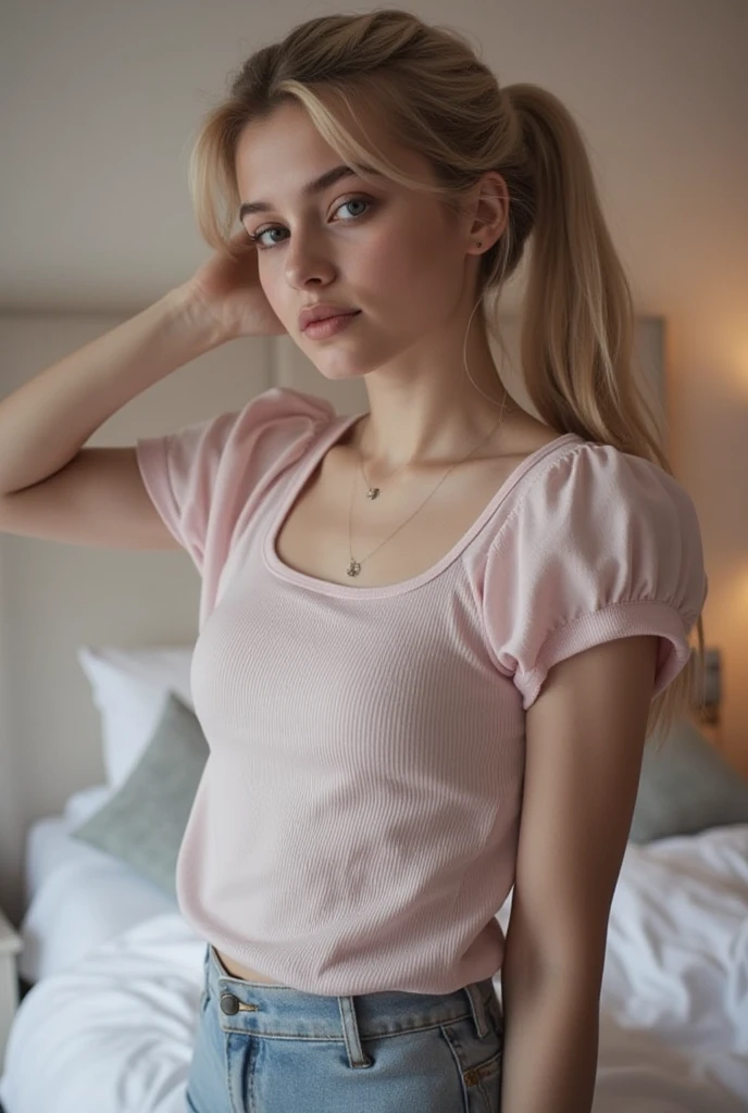 ootorréaliste, réaliste francaise de 20 ans, Beautiful tanning lighting Very beautiful hexagonal face of European model girl. In the ballad. Top and skirt in pink. Thinned blonde hair, Pretty greenish-blue eyes. Very well. Très beau visage. Very pretty and well detailed face. très joli corps. Casual clothing, qui regarde la caméra