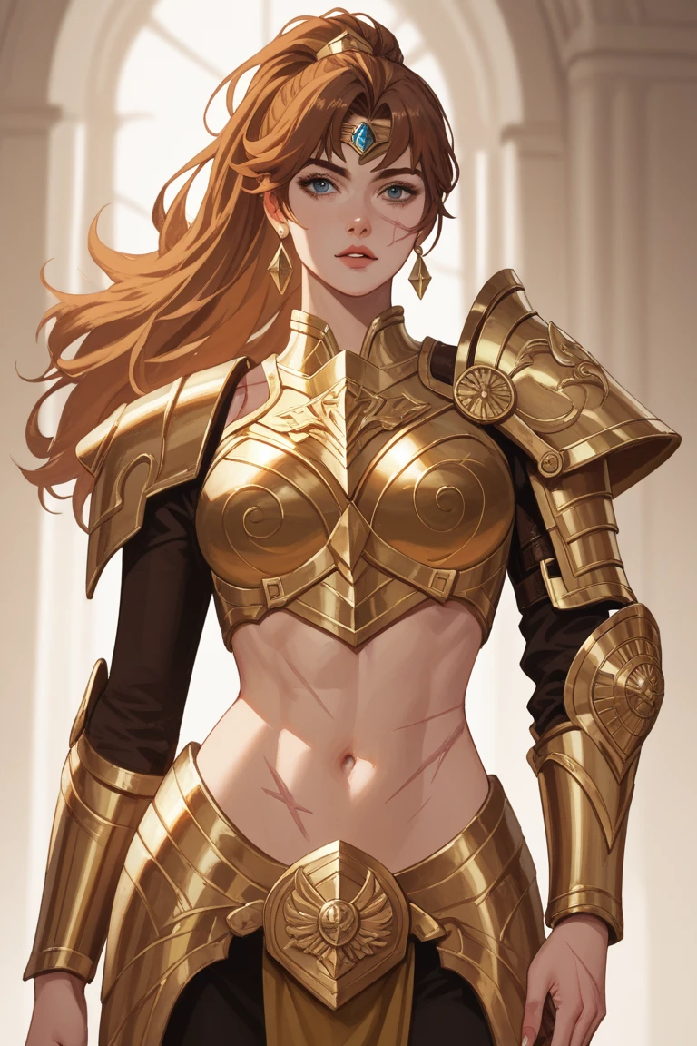 Detailed face, detailed eyes, detailed lips, 1girl, orange hair, golden face-framing helmet, face wings, golden bikini armor, golden shoulder armors, golden bracers, black underwear, big brown belt, golden thigh-high boots, armor boots, serious expression