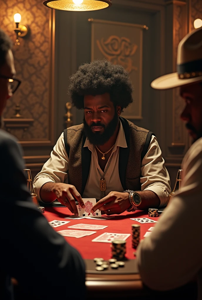 old black African man with thick lips, no beard and an evil expression, full black hair, wearing a white Panama hat with long brim, wearing a shirt with alternating horizontal stripes of red and blue and black pants. In his hand he carries a knife and a deck of cards, sitting at a table in a cabaret..