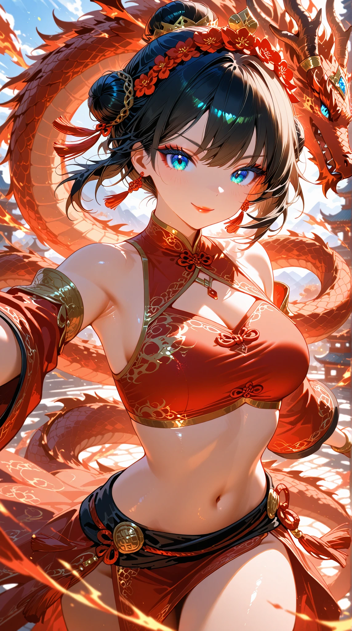 Dragon and girl,1girl,(Miyu Edelfelt),loli,cameltoe,black hair,brown eyes,seductive smile,solo,colored skin, jewelry, dress,bare thigh,necklace, bangs, hair ornament, bare shoulders, ponytail, halterneck, plunging neckline, sidelocks, halter dress, backless outfit, silver dress, nail polish, backless dress, solo, closed mouth, blush, bag, revealing clothes, earrings, hairclip, handbag, sweat, looking at viewer, evening gown, leaning forward, thighs, blue nails, (gigantic_breasts),(hanging breasts),(large areolae), official alternate costume, covered nipples, hair between eyes,, best quality, amazing quality, very aesthetic, absurdres,