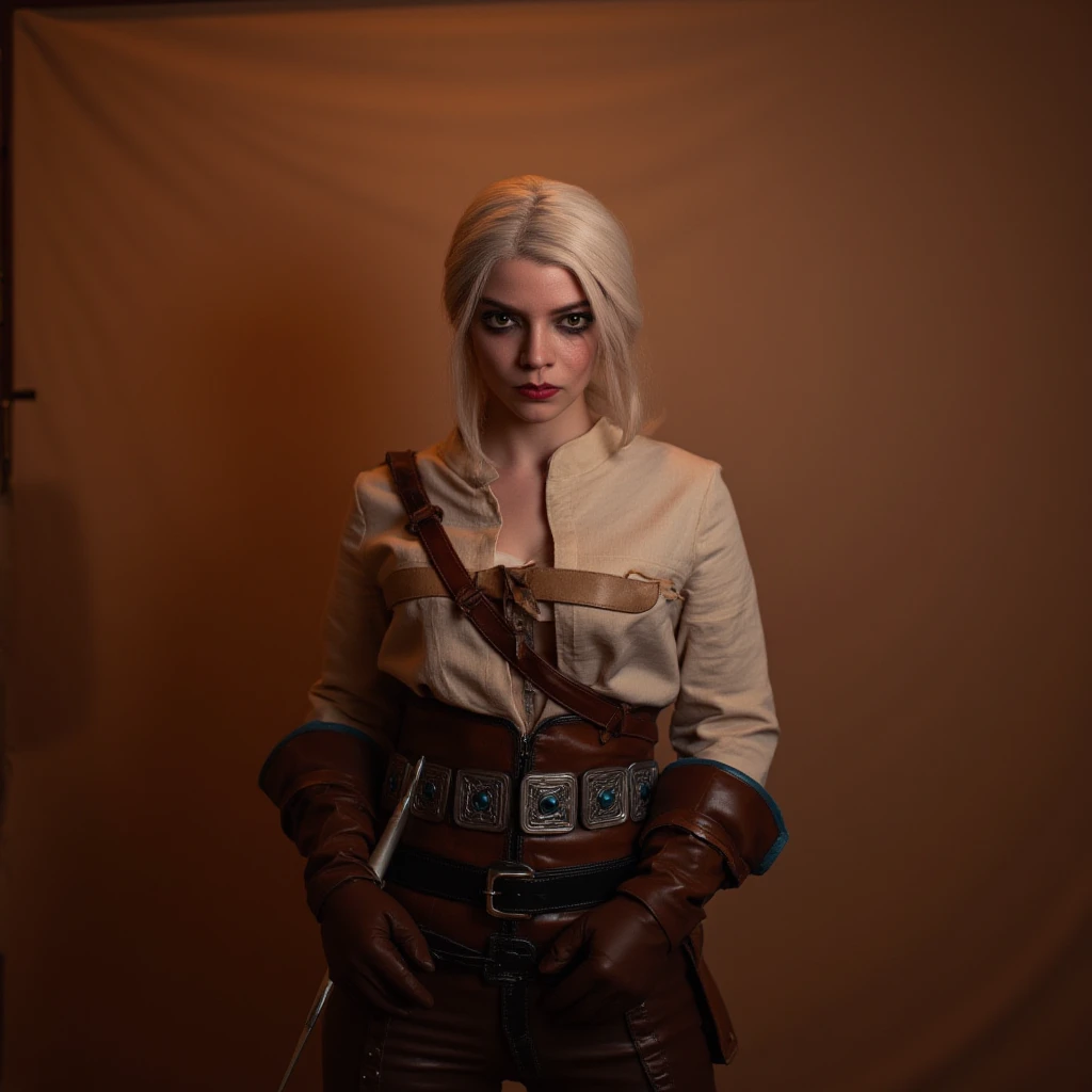 (masterpiece, best quality:1.2), <lora:ciri-18V2:0.7>, ciriW3_soul3142, 1girl, solo, breasts, looking at viewer, shirt, gloves, medium breasts, closed mouth, green eyes, standing, full body, white shirt, indoors, scar, brown footwear, sheath, brown gloves, high heel boots, scar across eye, wall, leather, strap, weapon on back, strap between breasts, leather gloves, leather boots