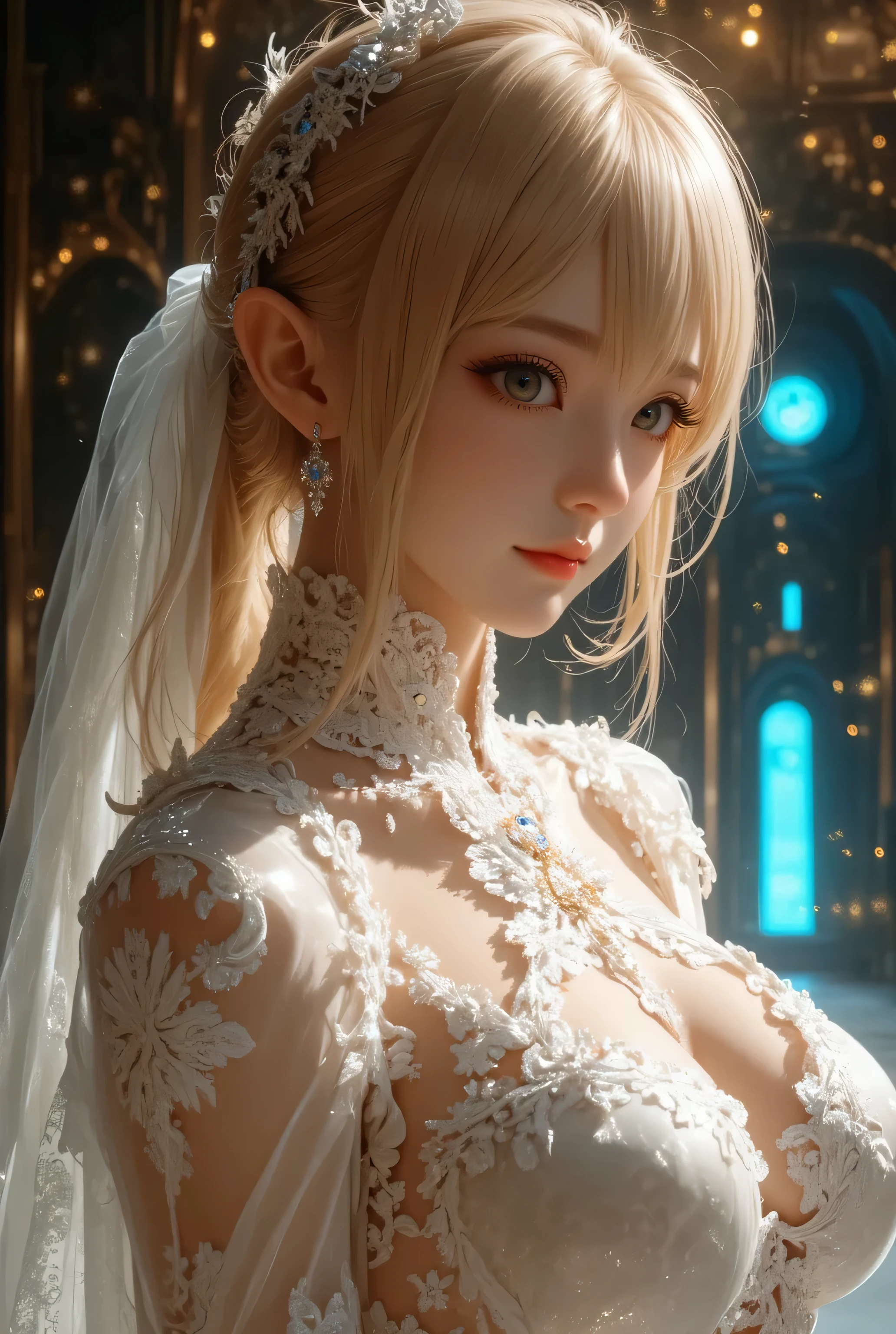 best quality, masterpiece, upper body,
adult woman, (light smile:0.6),
braided blonde hair,
aquamarine eyes,
see-through open gown,
snowy,