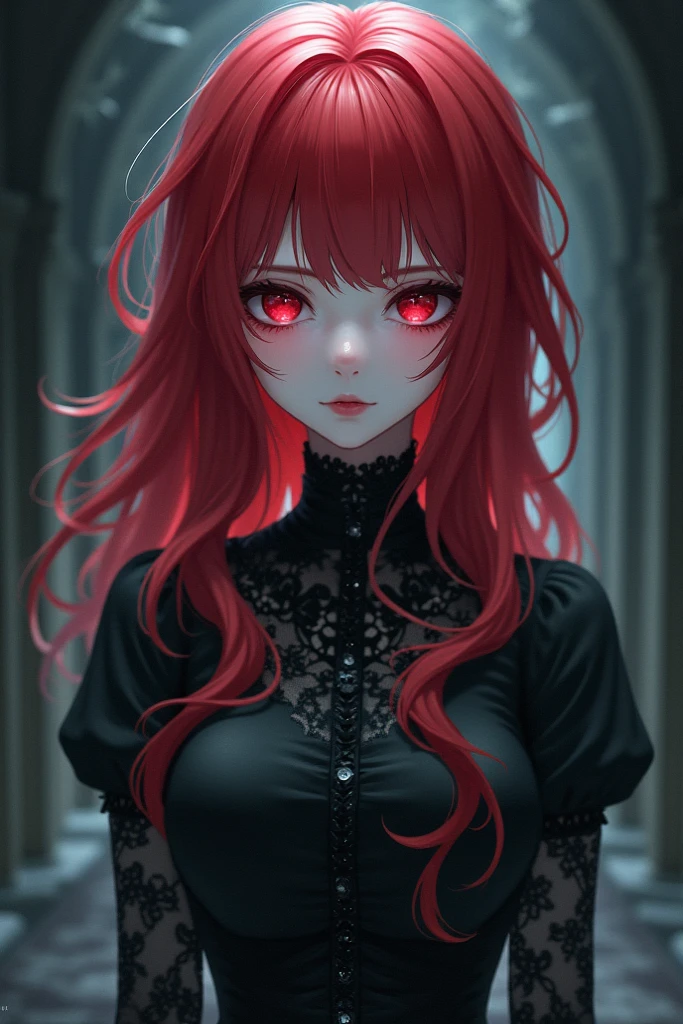 girl with red hair and piercing looks at the camera, 1 18 Year Old Goth Anime Girl, She has red hair, crimson red hair and red eyes, Lilith, demon anime girl, gothic maiden anime girl, with red hair, female anime character, with long red hair, Brilliant crimson head, with bright red eyes