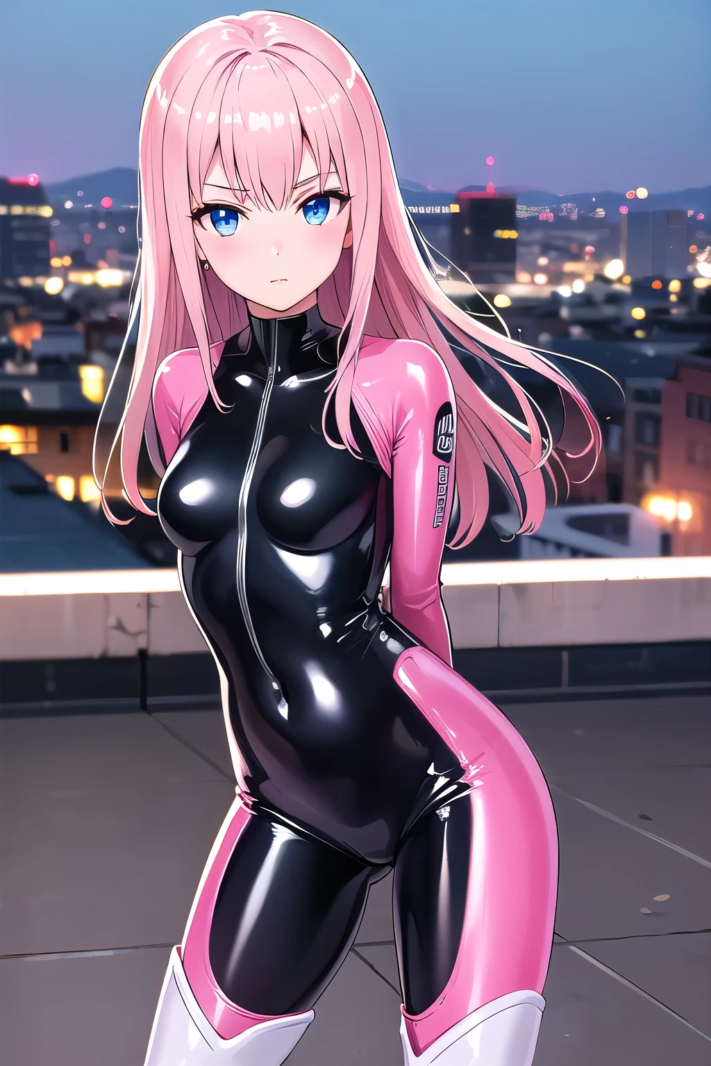 (8K, top-quality, masterpiece:1,2), (reallistic, Photorealsitic:1.37), Super Detail, One girl,), (Highly detailed), (beautifully detailed eyes), (of the highest quality), (super detailed ), (masterpiece), (Detailed face),20yr old, ,1 girl, ((pink hair,long hair)), medium breasts, clothed, Perfect Lighting, BREAK, (tight outfit:1.5), (heroine:1.4), (Japanese tokusatsu:1.3), (vibrant pink:1.5), (high gloss:1.5), (shiny bodysuit:1.4), (short bolero jacket:1.2), (black accents:1), (high neck top:1), (long sleeves:1), (miniskirt:1), (front slit:1), (PVC:1), (belt detail:1), (knee-high boots:1), (gloves:1), (silver symbols:1), (heroic accessories:1), (mask:1), (goggles:1), (wrist cuffs:1), BRAKE, (upper body and knees:1), (flowing hair:1), (ecstatic expression:1.5), (blushing cheeks:1.5), (looking straight:1), (sweat:1.5), (steam:1.2), (fellatio gesture:1.2), (girl trembling with sexual climax:1.1), (touching costume:1), (twisted torso:1.5), (dark gradient background:1), (spotlight lighting:1.1), (glossy costume:1.2), BRAKE