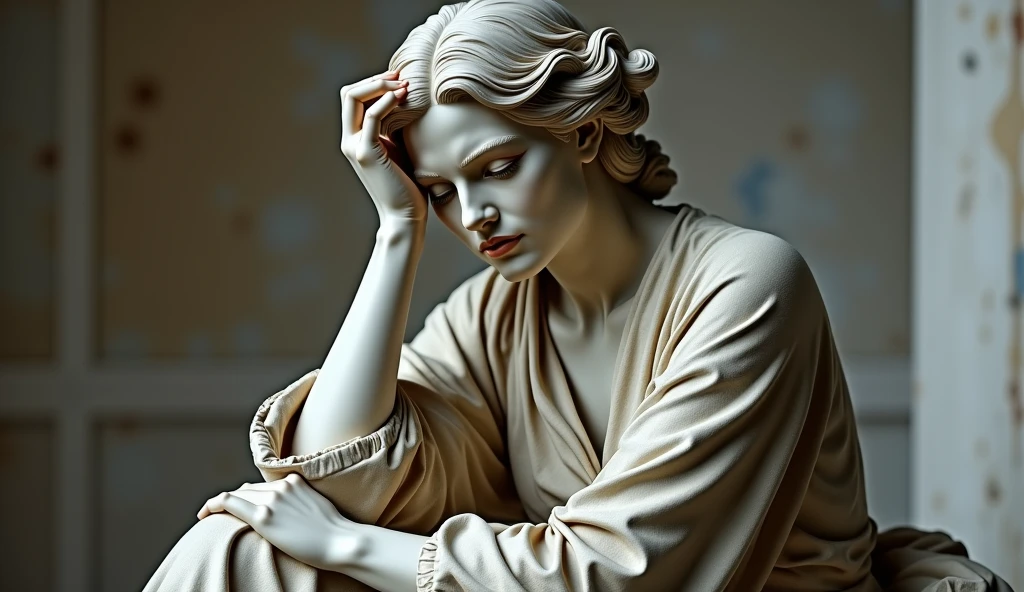 Marble statue of Aphrodite in a thinks pose on a pastel background