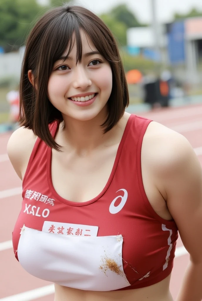 (masutepiece:1.3), (8K, Photorealistic, Raw photography, Best Quality: 1.4), japanse, Beautiful face, (Lifelike face), (Short-cut hair:1.3), Realistic eyes, Beautiful eyes, (realskin), Beautiful skin, Ultra high definition, Hyper-realistic, hight resolution, beautiful japanese female, (Athletics stadium at night, Land Track:1.5), track and field, (Show the armpits:1.4), (Hands behind the head:1.2), Smile