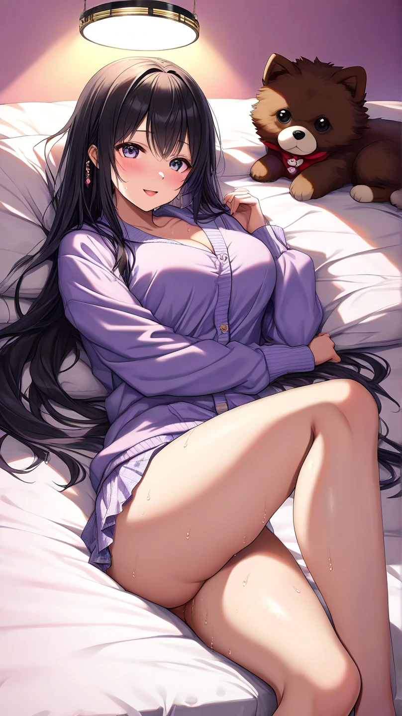 (masterpiece, high quality, vibrant colors: 1.0, anime style, retro art style, clean brush strokes, highly detailed, perfect anatomy, NSFW-14, uncensored), (Kyoko Fukada, full nude), mature woman, solo, young face, (black hair, long hair, bangs, bangs between eyes), (beautiful eye detail, brown eyes), smiling face, cowboy shot, curvy figure, beautiful collarbone, (large breasts: 1.7, realistic nipples, realistic areola, firm chest), beautiful shoulders, beautiful arms, beautiful hands, (beautiful fingers, 4 fingers, 1 thumb), smooth belly, wide waist: 1.0, big hips 1.0,(Realistic pussy, Highly detailed vaginal opening), Beautiful thighs, Beautiful knees, Beautiful calves, Beautiful feet, Beautiful toes, (Showcasing pussy, Spreading pussy with hands, Kneeling, Legs wide open, On bed), Looking at viewer, (Bedroom background, Big bed), (Shot from side, Shot from below),score_9,score_8_up,score_7_up,source_anime,