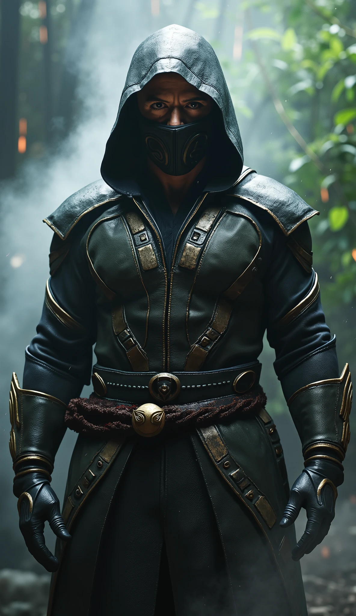robert downey jr. like Smoke brings an elegant and complex reinterpretation of the character of * mortal kombat*. Wearing a dark gray ninja outfit, almost metallic, he exudes a mysterious and unpredictable presence, with his smoke and shadow inspired look. Your mask, matching the ethereal tone of his skill, Partially hiding your face , leaving only her penetrating eyes to show , transmitting his cunning and intelligence. A figura de Downey Jr. Since Smoke is unique, bringing a lightness of movement and an unmistakable style. He is not only a master of shadows, but a strategist Calculalist who uses his smoke-manipulation powers to disorient and deceive his opponents. Each movement seems to be done with calculated precision, where his ability to disappear and reappear is as agile as a dance, making him almost intangible on the battlefield. With a shrewd expression and an uncomplicated posture, robert downey jr. like Smoke brings a cynical charm to the character. Its ability to hide in the shadows, surprising with quick attacks and makes his presence disappear like a fog unmistakable, creating a mysterious and calculating warrior. ! with a brilliant and impactful visual! Bottom: Dense forest, Greg Rutkowski style . dramatic lighting. 8k. 8k, rendered in Unreal Engine 5 realistic background Ultra-detailed textures, Cinematogr lighting