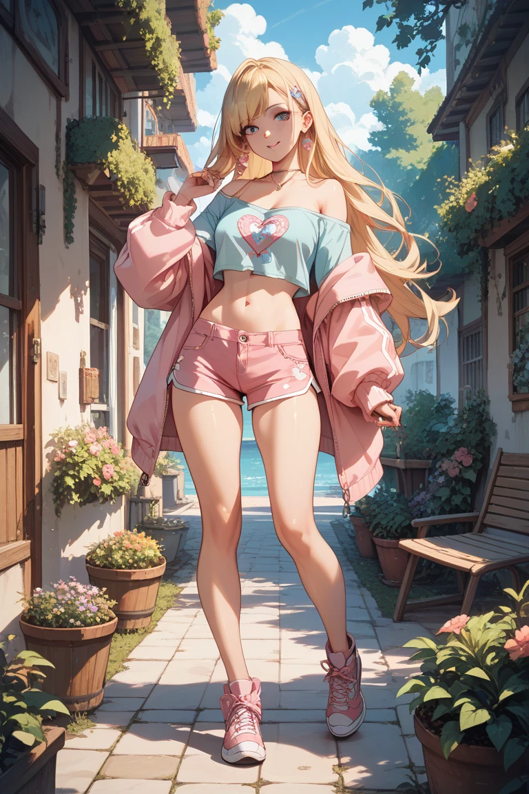1female，35yo，熟妇，gigantic cleavage breasts，Big  Thin waist，long leges，Pornographic exposure， 独奏，（Background with：ln the forest，the rainforest，in summer） She has long pink hair，standing on your feet，Sweat profusely，drenched all over the body，seen from the front， hair straight， mostly cloudy sky，（（（tmasterpiece），（Very detailed CG unity 8K wallpaper），best qualtiy，cinmatic lighting，detailed back ground，beatiful detailed eyes，Bright pupils，blue color eyes，Redlip（Very fine and beautiful），（Beautiful and detailed eye description），ultra - detailed，tmasterpiece，）），facing at camera，（Full body photo），Show shoes，A high resolution，ultra - detailed），revealing breasts，Bare ， Lower body elevation，Raised sexy，Flushed complexion，Open-mouthed，frontage，baseball cap（Wearing：Red baseball jacket，Erotic denim shorts，athletic sneakers）nakeness，full bodyesbian，Show shoes