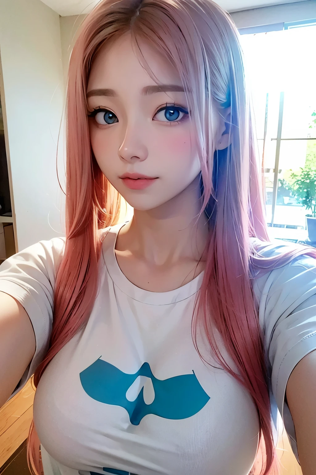 Boku no Hero Academia screenshot of a girl with serious facial expression, blue eyes, pink wavy hair, with white shirt with long sleeves, In the background you can see a white room with a white bed with vines and a gaming desk