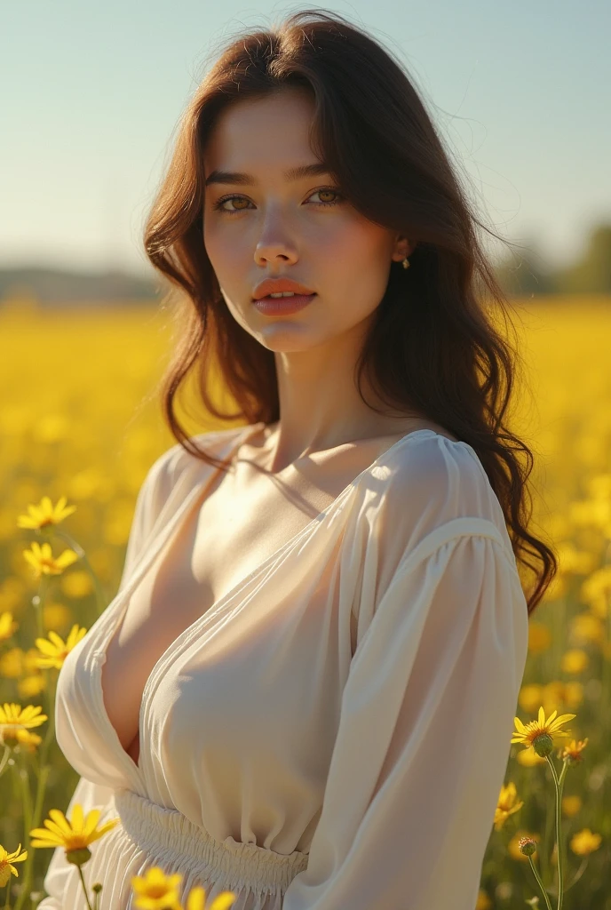1girl, Beautiful face, (Realistic photo: 1.4), (High detail skin: 1.3), 8K UHD, DSLR, High quality, High resolution, 8K, Ultra high definition eyes, Ultra high definition lips, hair fluttering in the wind, meadow, erotic, chest seems to protrude from the chest, --auto
