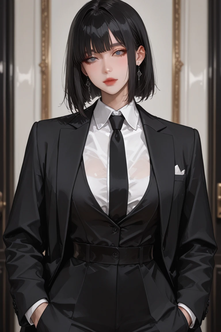 masterpiece, best quality, 1girl, solo, <lora:ryoshu-lc-richy-v1:1> ryoshu, white shirt, black jacket, jacket on shoulders, chest strap, evil, black pants,