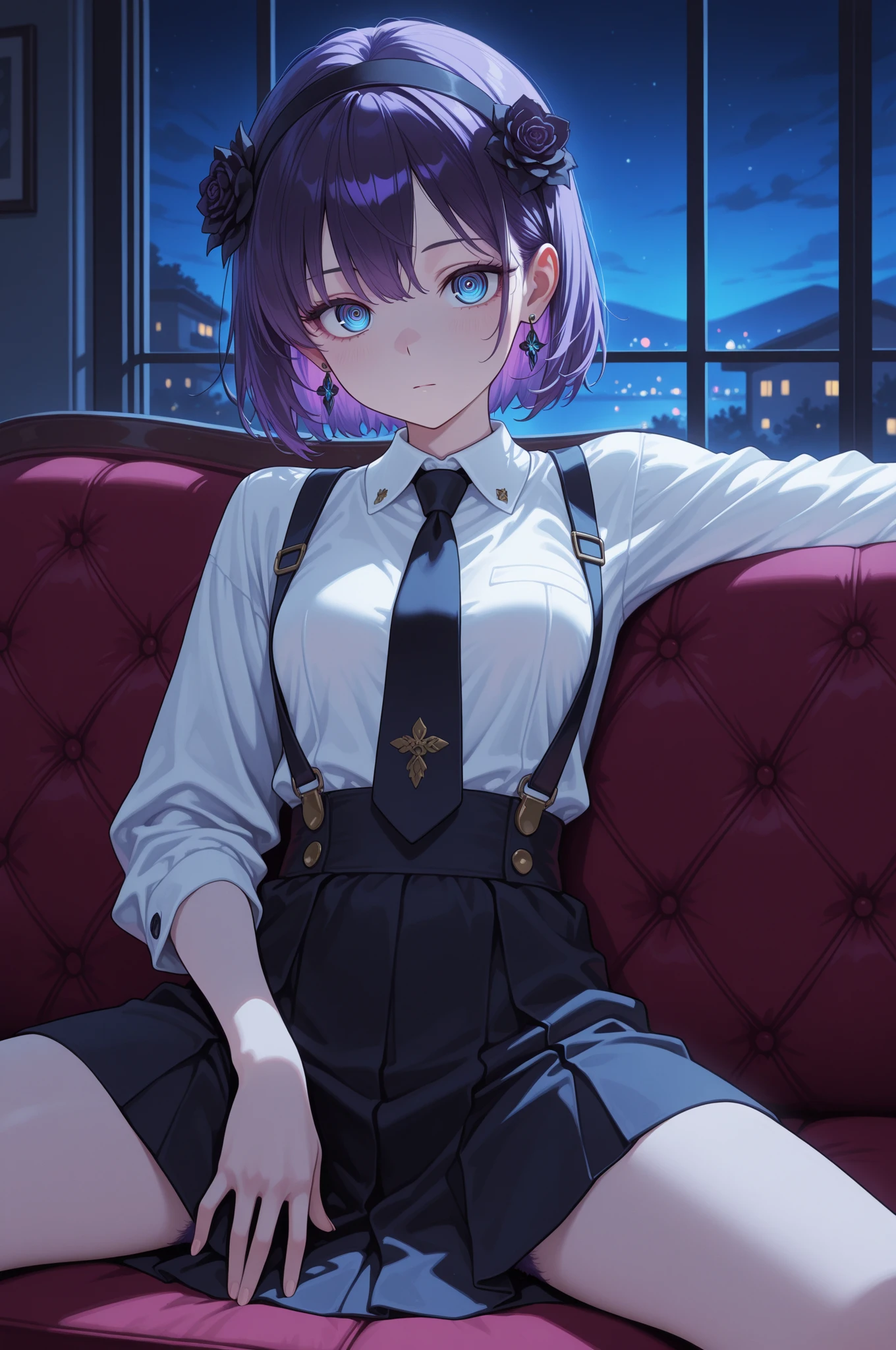 Woman with purple bob cut hair Ahegao tie wearing a black pantsuit Sitting on the bed