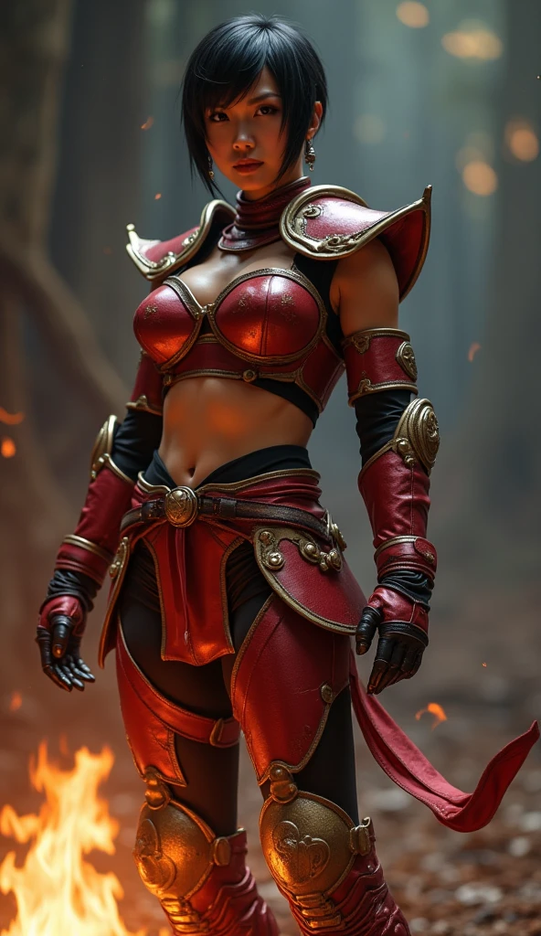 ((Kunoichi)), Indian, Indian Woman, big breasts, forest, (( sensual pose)), red and black armour, (( full body armour)),(( Knight Armour)), ((big cleavage and big breasts)), ((single person))