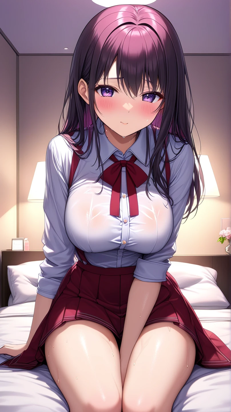 masterpiece, One girl, JK uniform blouse pleated skirt brown hair girl, Long Hair, The body is slim, Pink eyes, Baby Face, Beautiful breasts, Round Breasts, Long sleeve, Beautiful Eyes, Black knee-high socks skirt, Bedroom M-legged pussy legs spread aroused slanted eyes topless big tits moaning cumming orgasm orgasm sex creampie