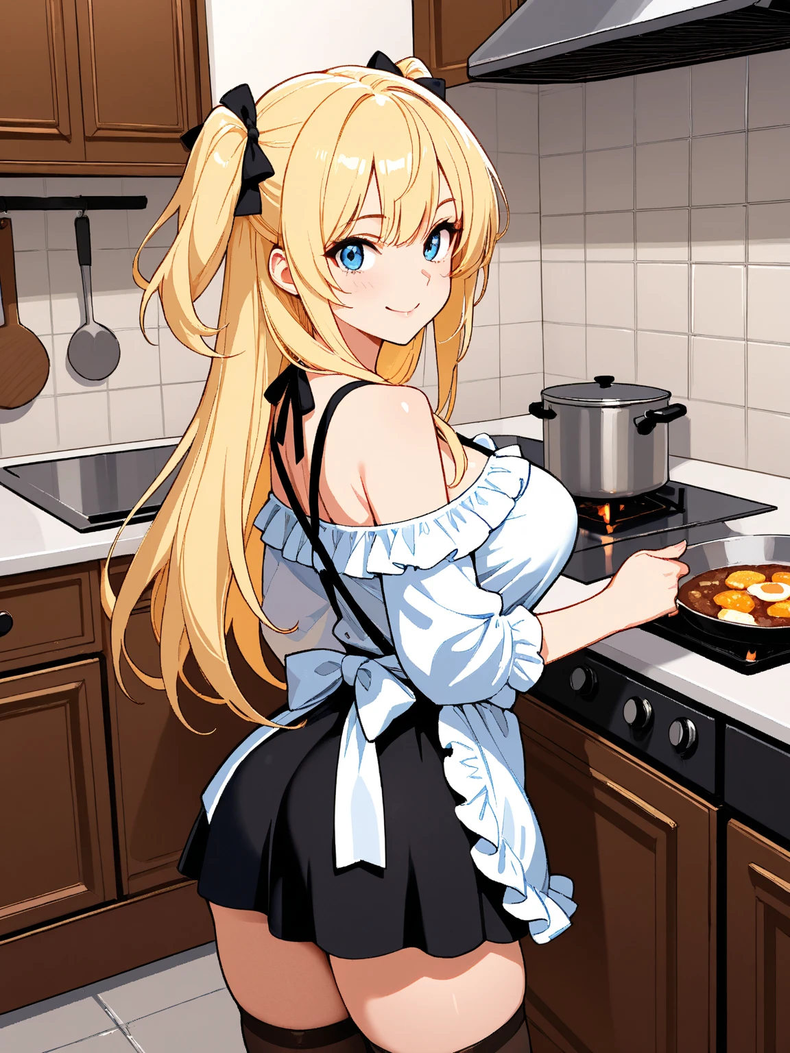 (highest quality:1.2, Very detailed, up to date, Vibrant, Ultra-high resolution, High Contrast, masterpiece:1.2, highest quality, Best aesthetics), Portraiture、girl、slim, Bright colors、Beautiful fine details、Beautiful lip detail、long hair, ((wavy hair:0.4))、messy hair, blonde and blue ((streaked hair:1.3)), highlights hair: 1.3, (medium breast:1), (tan skin:1.3), ((naked apron:1)), smile, cooking at kitchen, (looking back), (cowboy shot:1.3),