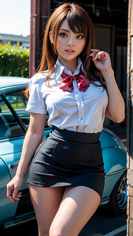 (1 lady), (Best quality at best:1.4), (ultra - detailed), (extremely detailed CG unified 16k), A Beautiful Woman with Perfect Figure: 1.4, Sharp Focus: 1.2, very detailed, High-definition RAW color photo, professional photoshooting, amazing face and eyes, cosmetics, (amazingly beautiful girl), ((Sonozaki Shion)), ((yellow ribbon, white shirt, blue necktie, blue skirt, black kneehighs)), standing, fashion posture,(Stylish urban landscape, day light), (look from down), realistic cinematic face, head to feet long wide zoomed out view, full body long view, photorealistic, ((realistic natural green hair style, green eyes, long hair)), gorgeous, extremely beautiful face, perfect model beauty, pout mouth, Highly Detailed Face and Skin Texture, Detailed Eyes, Double Eyelids, Big Breasts, Smile, cleavages, western, (masterpiece), best quality, high resolution, extremely detailed, detailed background, depth of field, cinematic lighting, amazing legs, clear and well-cared skin, (((woman occupies most of the picture)))