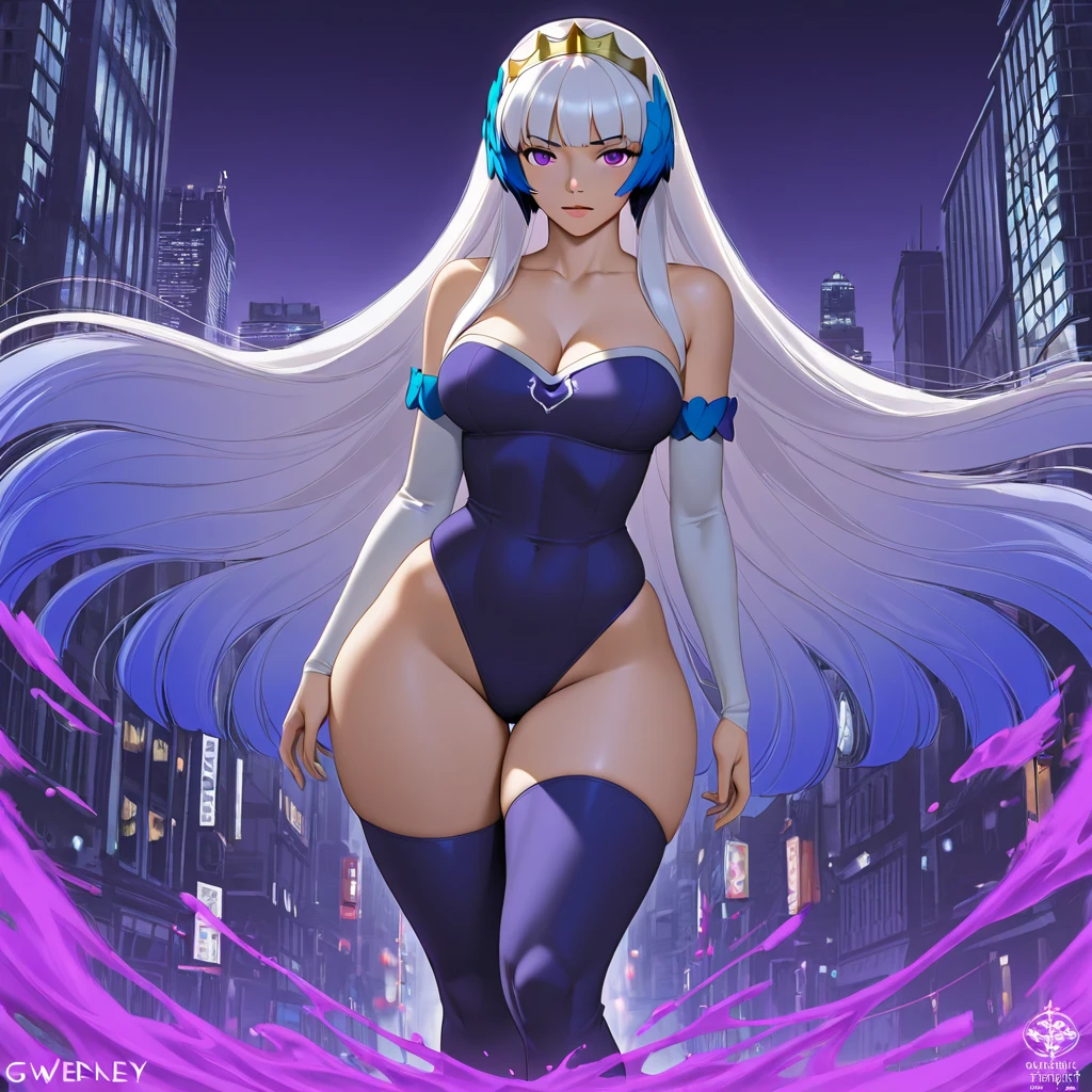 1girl, large breasts, wide hips, dark-skinned female, dark skin, white hair, yellow eyes, white bikini, highleg, highleg bikini, micro bikini, smile, smirk, smug, bar, thighhighs, full_body, ((full body)), standing, neon, neon trim, futuristic, science-fiction,