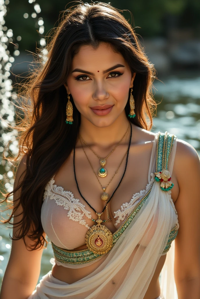 selfie, extreme close up photo of Latina indian, hourglass figure, swooping big breasts, sexy armpits, seducing on mountains, French braid hair, necklace, sultry, look at viewer and subtle smile, lace strapless night dress, (cinematic:1.3), intricate details, (ArtStation:1.2)