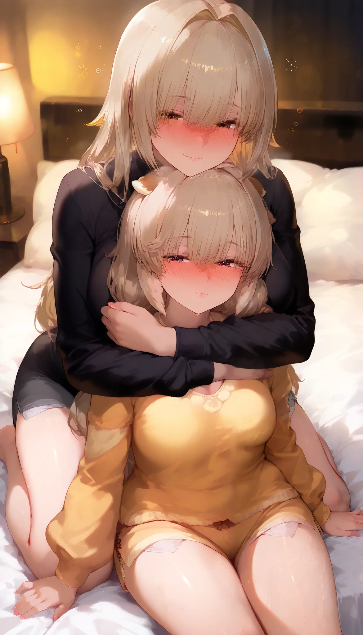 ((2 girls)),((4K)),((master piece,best quality,high resolution,ultra-detailed,beautiful detailed face)),(Young lady),((shy,really like,Being spoiled)),lesbian,brown eyes,(beautiful eyes,Beautiful eyes),((An adult woman and a sleepy  girl with dark eyes and a downer)),( is drunk,Drunk),hug each other,Sitting on a black bed,dark room,Warm Light Lamp,((brown fluffy pajamas&shorts)),