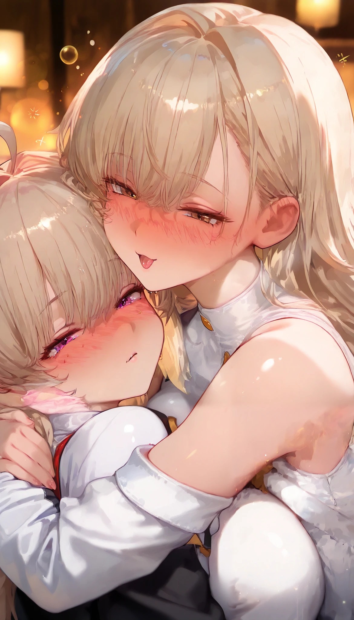 ((2 girls)),((4K)),((master piece,best quality,high resolution,ultra-detailed,beautiful detailed face)),(Young lady),((shy)),((really like,Being spoiled)),brown eyes,(beautiful eyes,Beautiful eyes),close your eyes half,( is drunk,Drunk,Looking sleepy),hug each other
