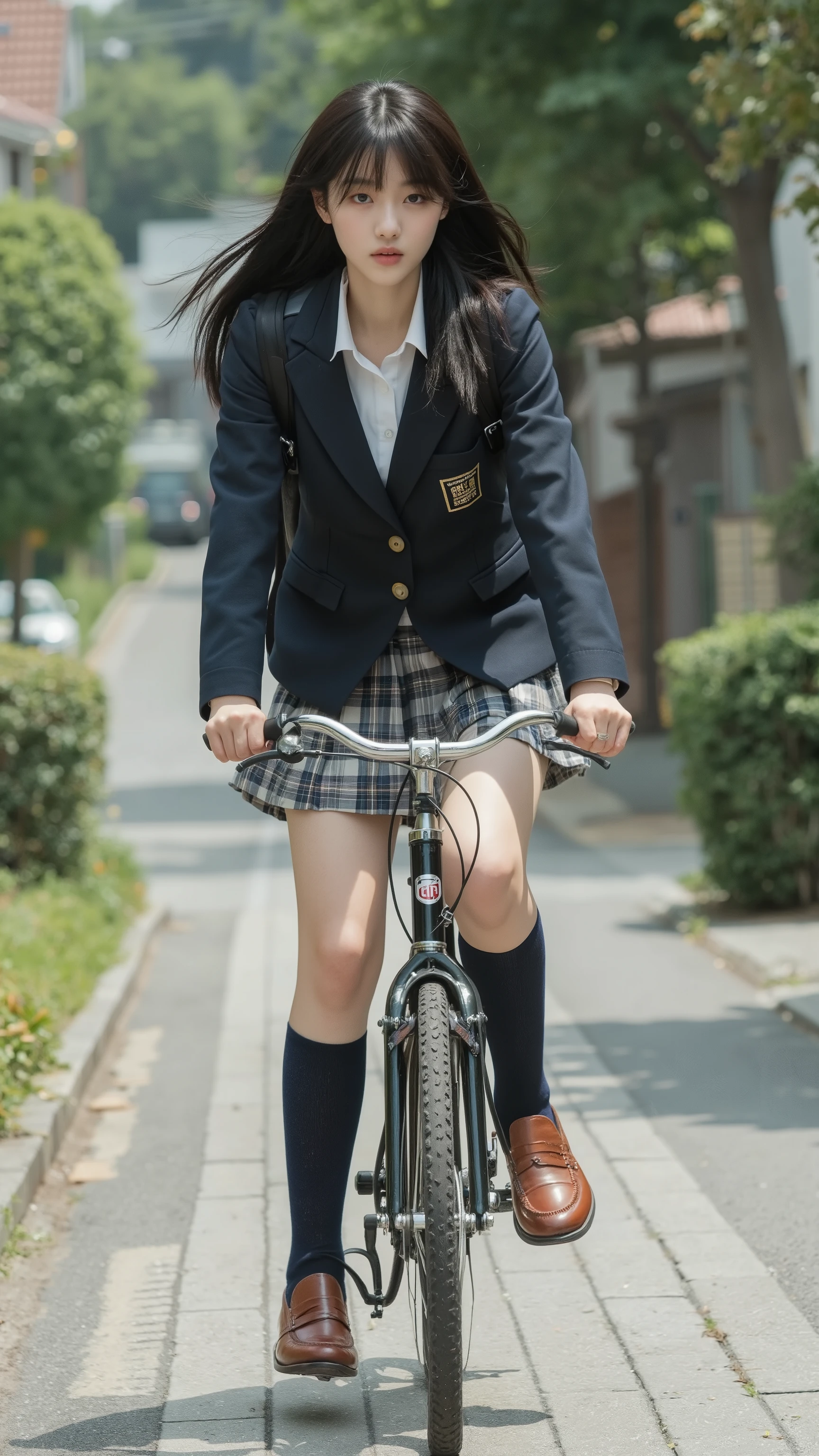A photorealistic image of a Japanese high school girl riding her bicycle on a sidewalk in a residential neighborhood in Japan. She has long black hair flowing in the wind as she rides. She is wearing a school uniform consisting of a white shirt, a navy blue blazer, a plaid pleated mini skirt, navy blue socks, and brown loafers. She carries a backpack on her back and appears to be in a hurry, looking intently in the direction she is heading. The image captures her from the side as she rides.