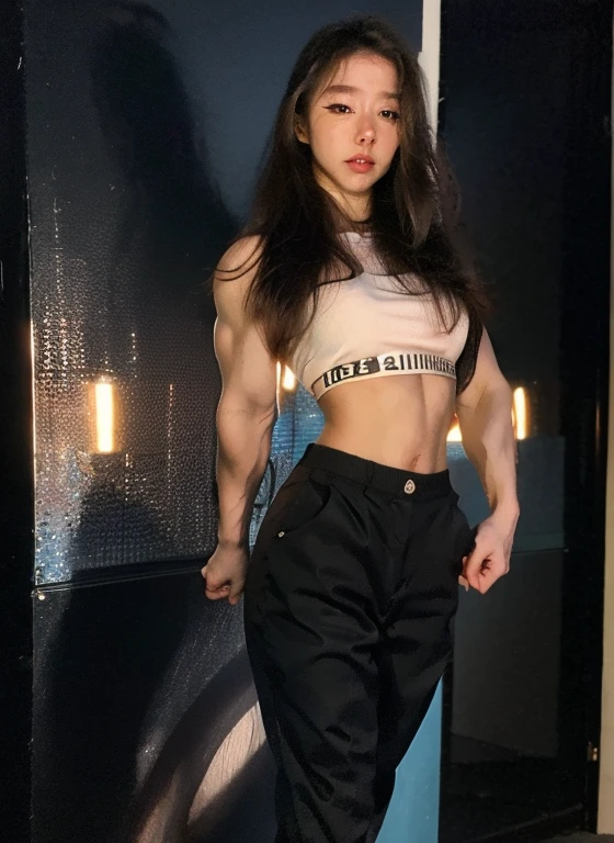 (Muscular:2.3), (thick thighs:2.2),
(asian female:1.5), (blunt bangs:1.3), (long black hair:1.4), (adult), beauty mark, (pale skin), tan,
glasses, earrings, eyeshadow, lipstick, red lips,
detailed eyes, (big smile:1.5),
(hard nipples:1.3), (small perky breasts:1.5),
(choker, gray sundress, v-neck, midriff:1.8), ab window, stomach opening,
(upper body view:1.3), (looking at viewer:1.3), (three quarter view:1.4), standing,
highrise apartment livingroom, rim lighting, two tone lighting, dimly lit