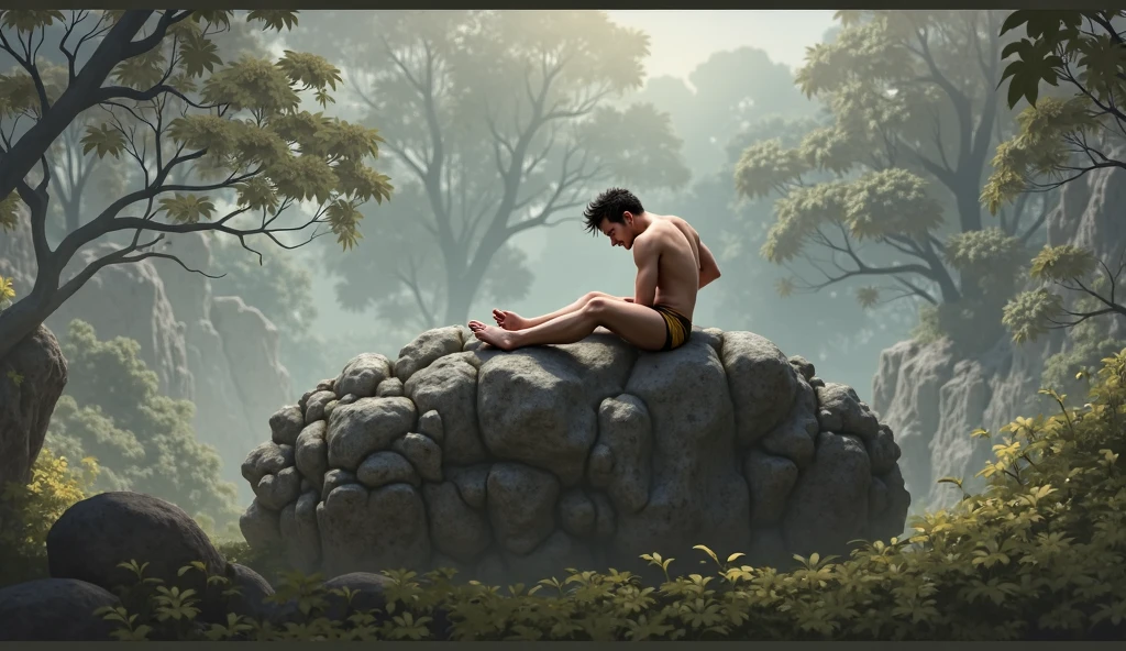 (Highest quality:1.5), (masterpiece:1.5), (8k:1.5), (jungle:1.1), (1 man:1.1), On all fours, (Completely naked:1.1), 50 years old, (Asian people:1.1), (short combed-back hair:1.1), (Anguished expression:1.2), penis, (shoot from side:1.2)