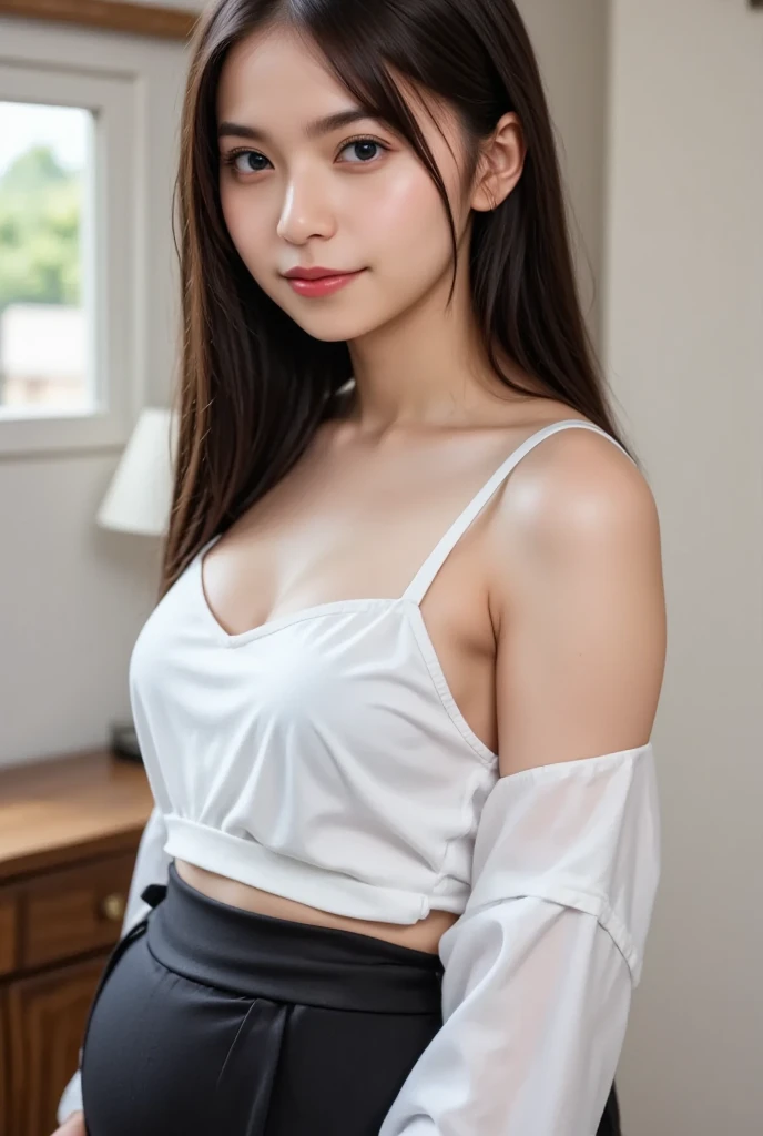 Open shirt, (((Leaning forward))), ((,Round face, Around 17 years old,mini skirt、A loose-fitting tank top)), Long Hair, , Natural Makeup, Lips become thicker, Sexy Gaze, barefoot, ((Raise one leg)), Shooting from below,Gentle expression ,((Extremely precise and accurate anatomy)), (masterpiece:1.43), Perfect proportions, Realistic photos, Full Shot, whole body,