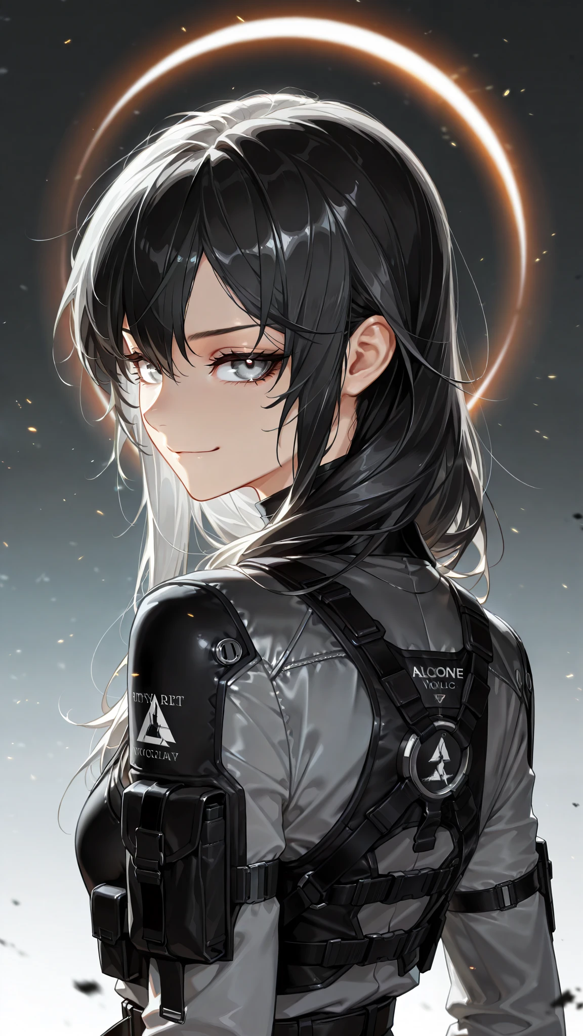 by [arknights|(748cmstyle:0.5)], god rays, cinematic shot, mature, young adult, masterpiece, best quality, amazing quality, very aesthetic, high resolution, ultra-detailed, absurdres,
1girl, solo, alone,(dynamic pose, side eye, looking over her shoulder,looking at viewer, rear shot, upper body focus, action shot, three quarter view, close up, portrait:1.2), black hair, gray eyes, long hair, techwear, warcore, thing kevlar vest, techwear jacket, solar eclipse,belt, smirk, hidden blade, novuschroma79 style, glitch art photo, BREAK, depth of field, volumetric lighting 
 