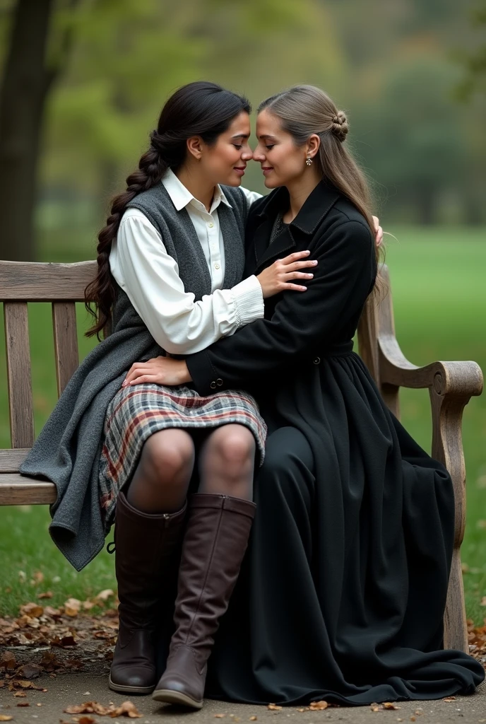 A brunette slim 15 girl kissing a elderly blonde chubby woman teacher in forest. Girl with garçon haircut, wearing school uniform, white long tights over the knee suede heeled boots. Woman with buzz punk haircut, wearing long brown suede dress, sleek tights and knee high heeled boots. Full body photo. Hyperealistic photo. Woman sitting on a bech. Girl sitting on woman's legs. Both kissing passionately.