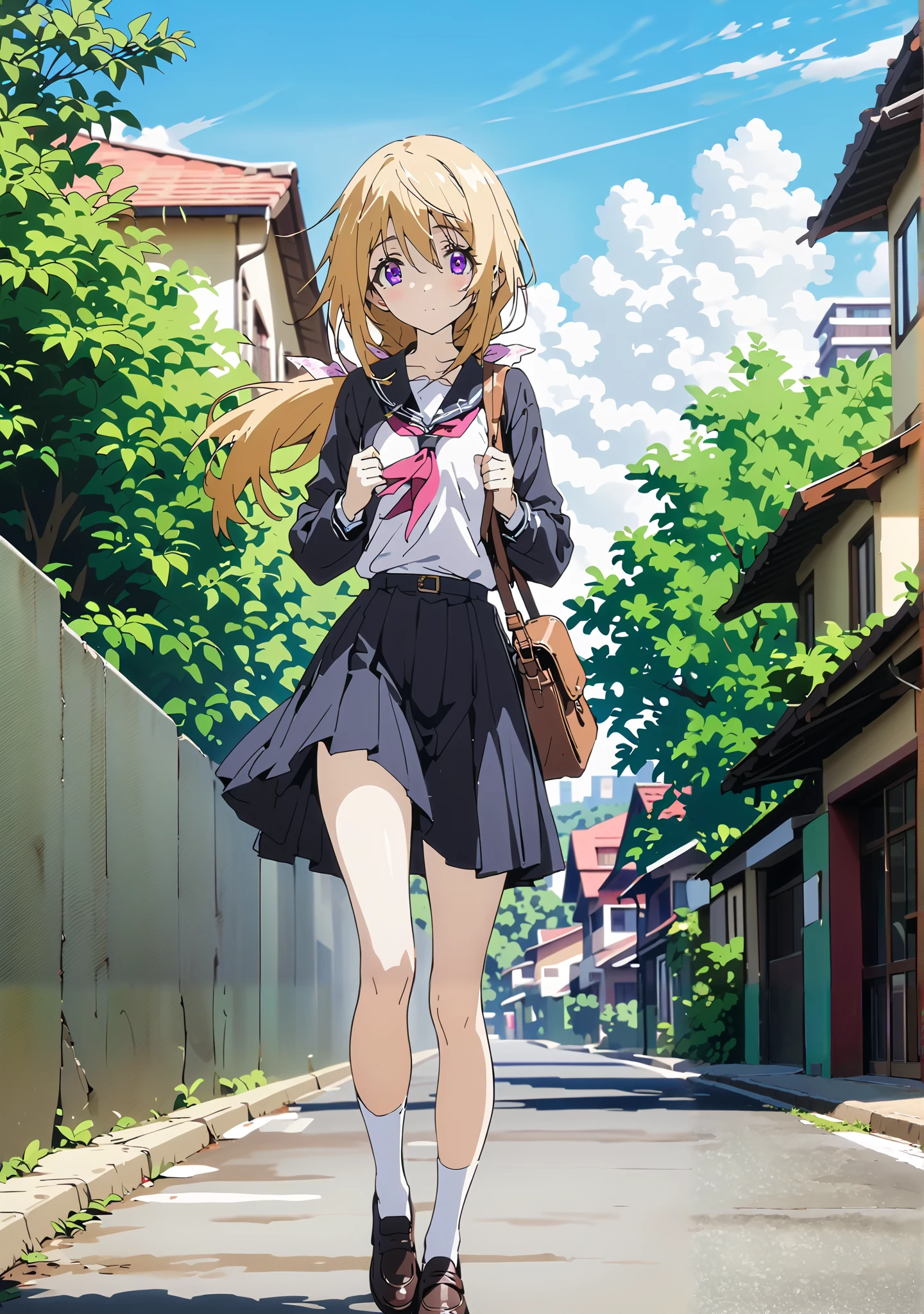gets her rubbed, Charlotte Dunnoir , long hair, Gold, ribbon, purple eyes, ponytail, hair ribbon,
Black sailor suit,red 弓tie, black mini pleated skirt ,white high socks,loafers,Student bag 1 :1,is walking,morning,The sun is rising,Beautiful Scenery,full bodyがイラストに入るように,break outdoors, residential area,
break looking at viewer,full body,
break (masterpiece:1.2),top quality , kampala,Unity 8k Wallpaper,(shape:0.8),( fine, beautiful eyes :1.6),It's a person ,full body写真,CG Details , (perfect hands,complete anatomy),