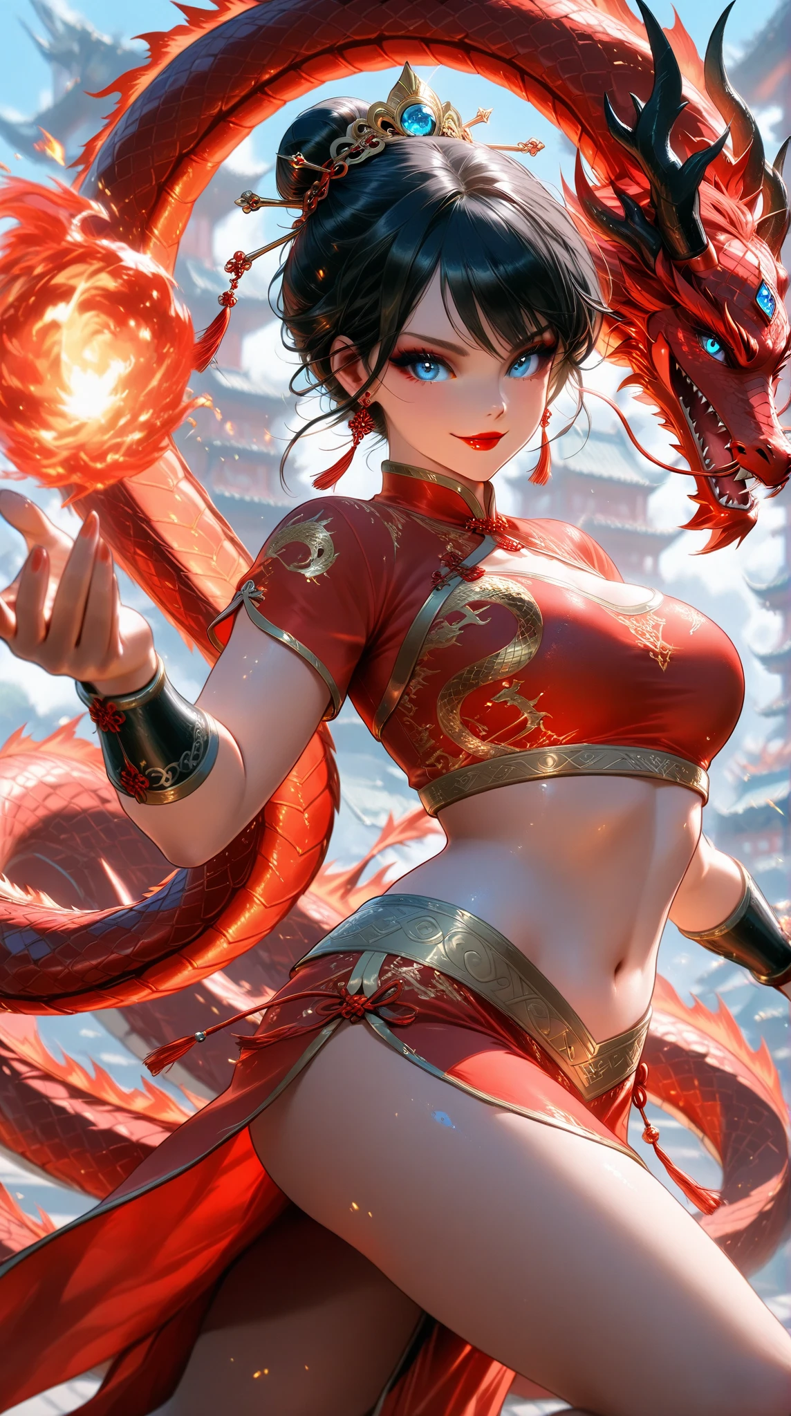(photorealistic, masterpiece, best quality), handsome asian male, chinese man, smiling, young, slim athletic body, wearing nothing,kinky red chest harness, red garter straps, red Harness strap, red neck strap, athletic physique, slender, no body hair, wearing red micro thong,artistic and magical background, chinese mythology, chinese red lantern, Chinese dragon in the background, lunar new year inspired, reds and golds, fantasy art,