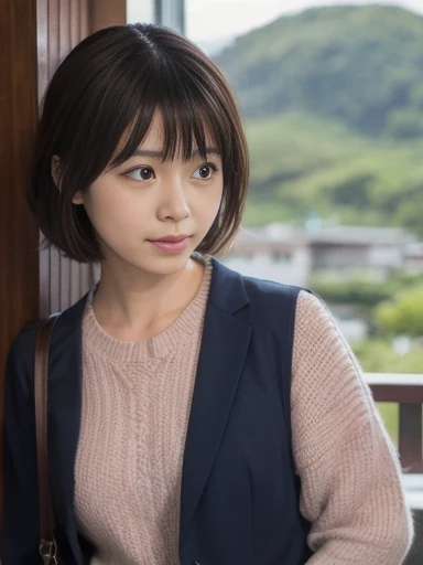 (8K、top-quality、​masterpiece:1.2)、(reallistic、Photorealsitic:1.2)Alafed Girl, chiho, iwakura lain, closeup Iwakura Lain, With short hair, Shiori Teshirogi, Kotegawa Yui, She is , sui ishida with black hair, lain iwakura, girl cute-fine-face, Clear pubic contours,(Small breasts), hight resolution, ighly detailed, top-quality, [​masterpiece:1.6],, ighly detailed, nffsw, finely detail, top-quality, , Cinematographic lighting, 1girl in、Cute Japan Girls、perfect body type、, Cute droopy eyes、Beautiful big eyes、ultra-detailliert、hight resolution、Transcendent beauty　top-quality、​masterpiece、majicMIX Real、(Raw photography:1.2)、(Photorealsitic:1.4)、Home Kitchen　in a house　dressing gown　pajama t-shirt　Living together in pants　Room of the Rising Sun　Smiling smile　Embarrassed look