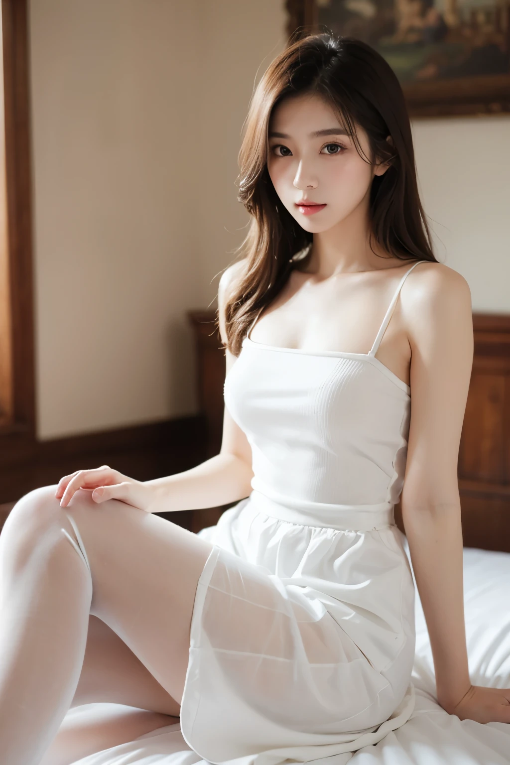 (Highest quality, masterpiece, 16K, Super detailed, Beautiful Skin, Professional Lighting)
{{One Girl:smile:Showing teeth}}, whole body, , ({White tight camisole::See-slow:Nipples:1.2),{{Glancing sideways}}