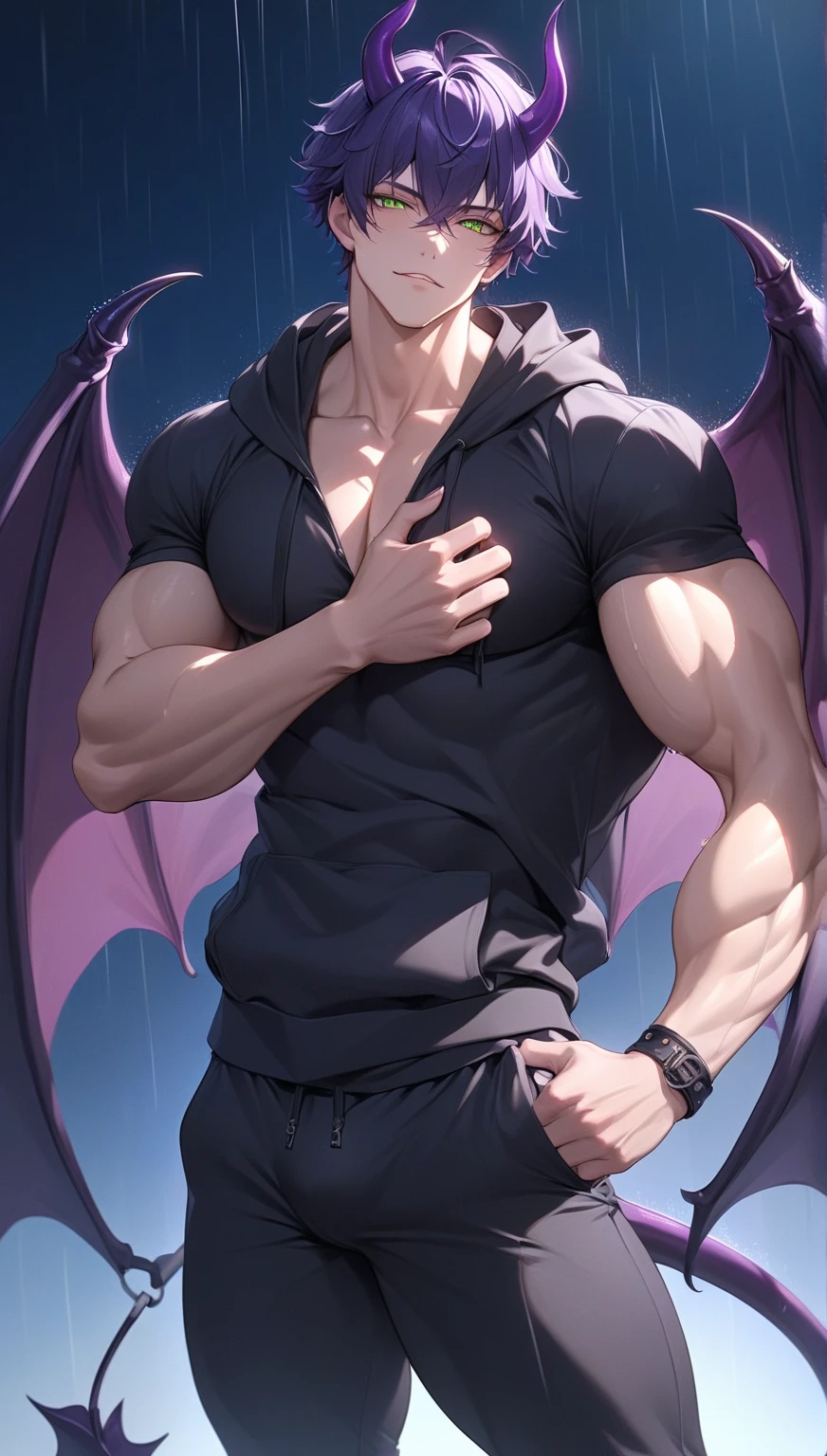 1boy, silver hair, messy bangs, Sunkissed tan skin, purple magenta eyes, handsome, veins on arms and hands, sweaty skin, topless, white happy trail, big pectorals, abs, plump ass, narrow waist, Cinematic lighting, hyper HD, Masterpiece, High details, ((sexy dynamic pose)), front view, covered large penis, boomerang pants