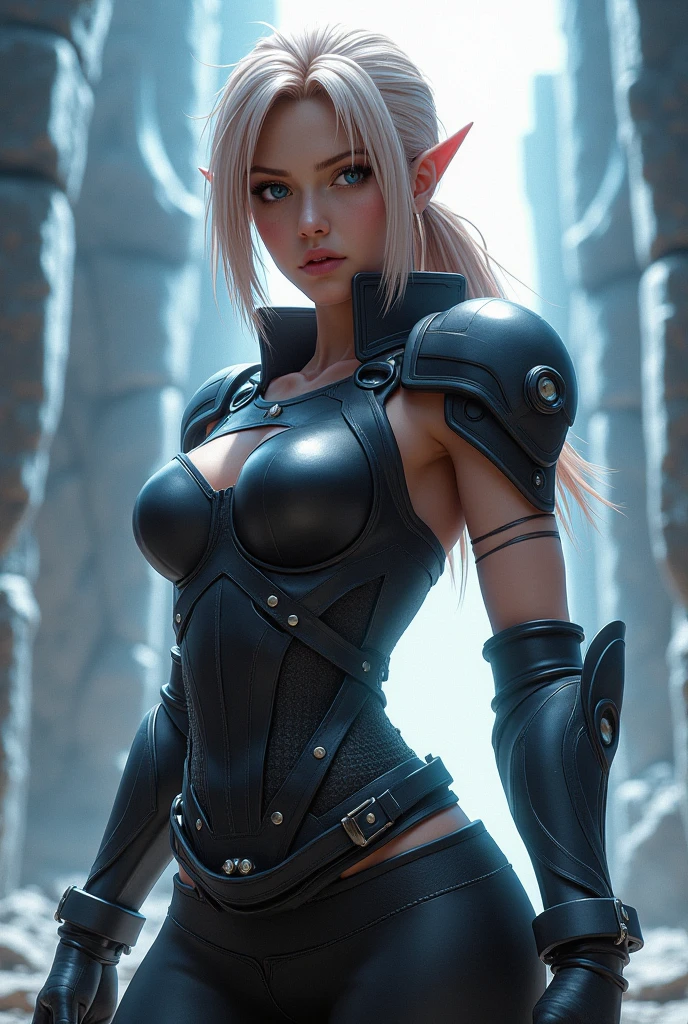 RAW, professional photograph, medium shot, photorealistic, hyper-realistic, ray tracing, super detail, UHD, 8k, female elf, stainless steel armor, twenty years old, athletic body, flat chest, soft facial features, long hair, straight hair, blonde hair, blue eyes, gray and black fog background