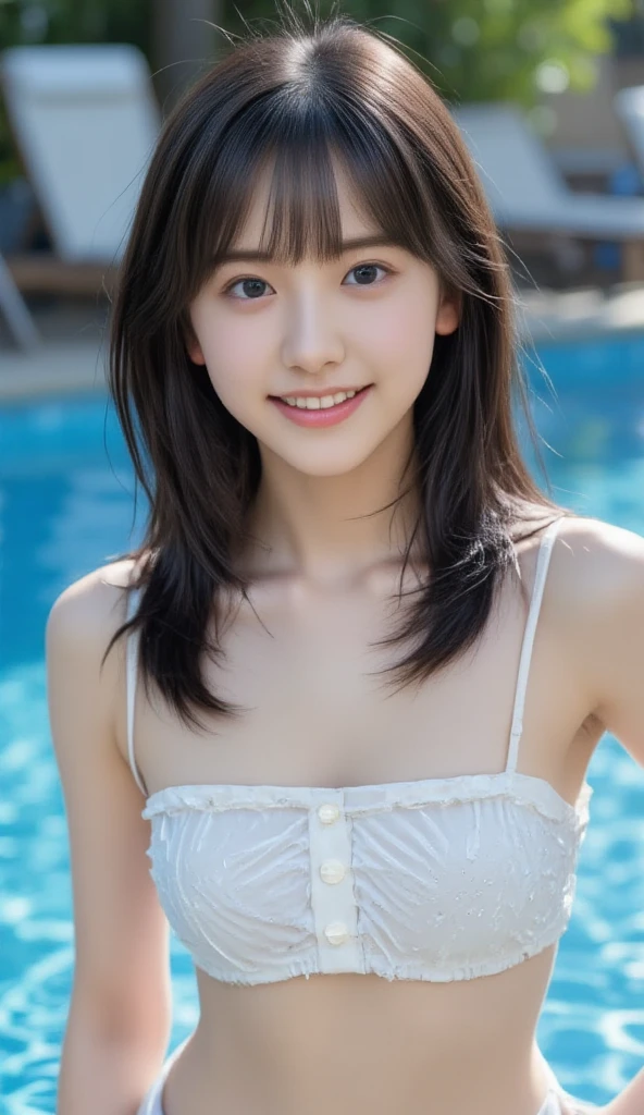 masterpiece, best quality, ultra-detailed, kawaii, cute, lovely, upper body, pool, 2girls, 2 cute girls, robe, beautiful hair, beautiful brown eyes, beautiful eyes, white-skinned, flat breast, tiny breast, necklace, smile, ashamed, ahegao, shiny-glistening, gleaming, lotion, wetted by water, cute smile, ((マイクロビキニ))、へそが見える、立っている、腰から上の写真、Tフロントのパンティ、