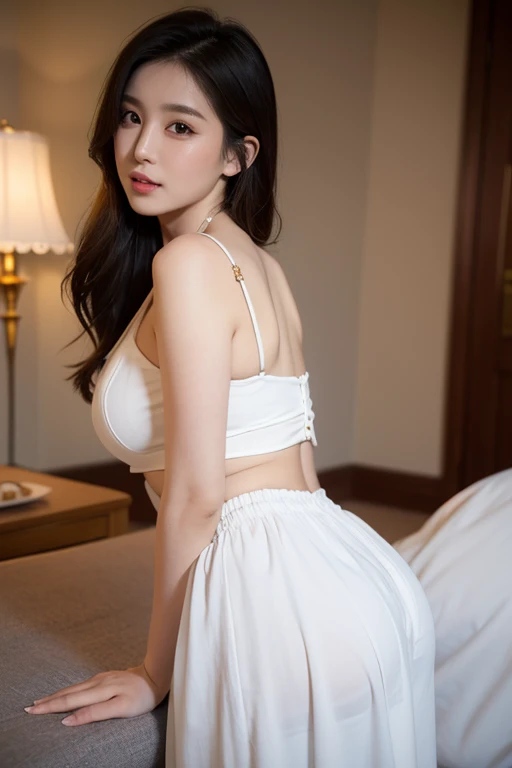 1 beautiful girl, sad girl, sitting by the window, long hair, beautiful face without blemishes, rosy face, earrings, brown eyes, thin eyebrows, most thorough makeup is eyelashes, red lips, lips petite, graceful smile, The breasts are full and round, slim waist, moderately big butt, long legs, wear a thin white shirt that reaches to the waist, black mesh stockings, long hair, one afternoon, sunset is fading, sky color orange, clear sunset background image, sad girl, sitting by the window, quality best image quality, 8k quality, real girl, girl portrait sitting by the window, artwork, upper body half,